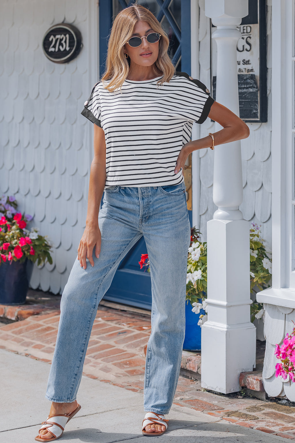 Black Stripe Cuffed Sleeve Button Detail Loose Tee 🇺🇸