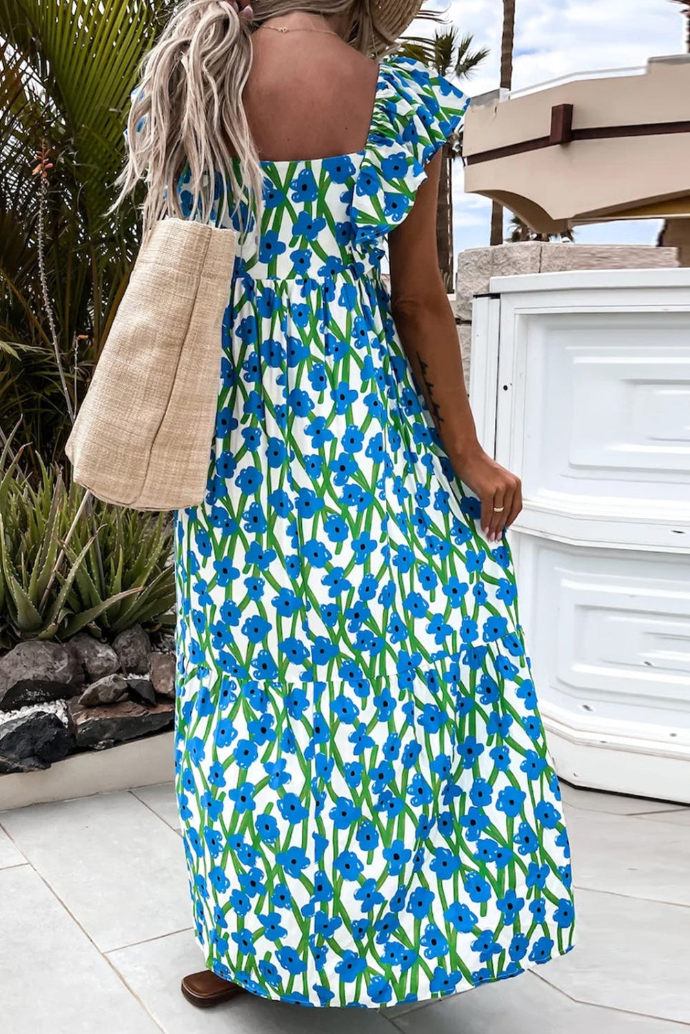 Blue Floral Print Square Neck Ruffled Strap Maxi Dress 🇨🇳
