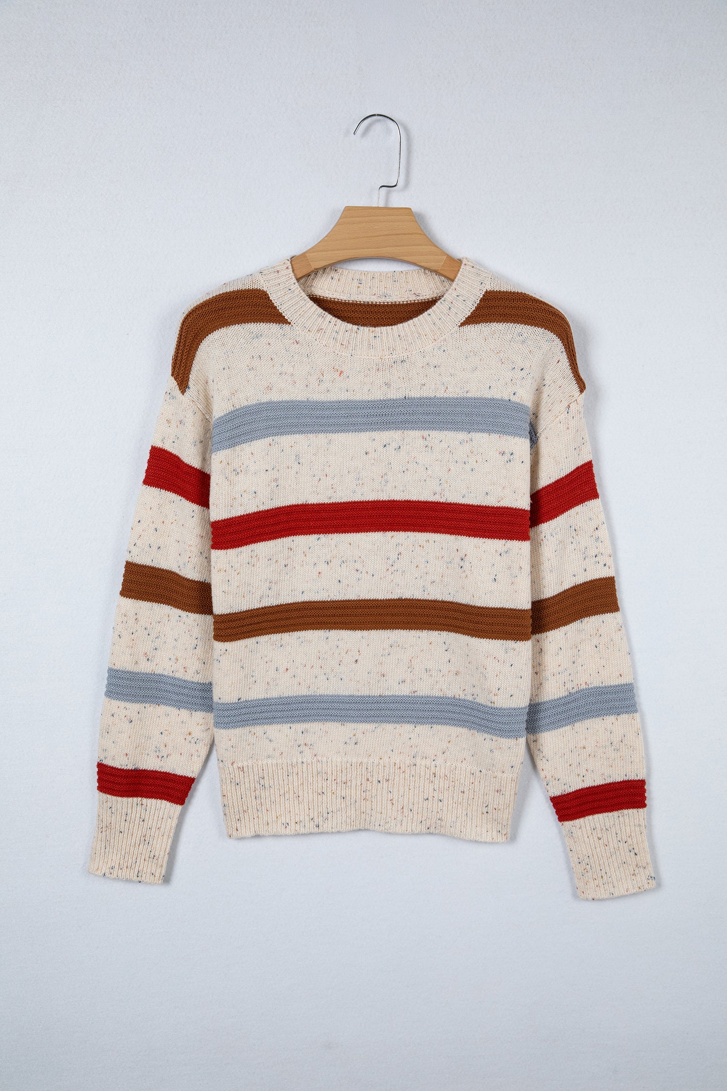 Beige Stripe Exposed Seam Drop Shoulder Heathered Knit Sweater 🇺🇸