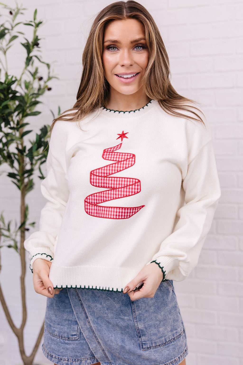 Beige Stitched Detail Christmas Tree Holiday Casual Sweater 🇺🇸