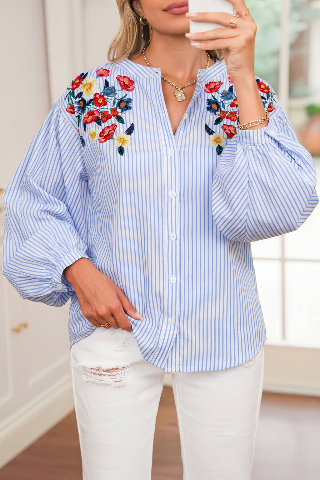 Sky Blue Stripe Floral Embroidered Billowy Sleeve Tunic Baggy Shirt 🇺🇸
