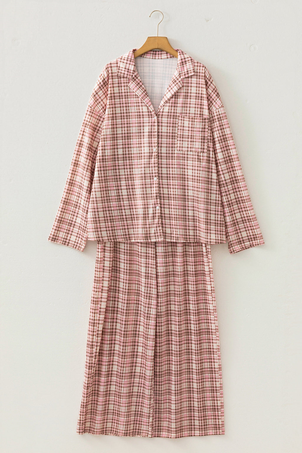 Pink Plaid Patch Pockets Long Sleeve Lounge Set 🇺🇸