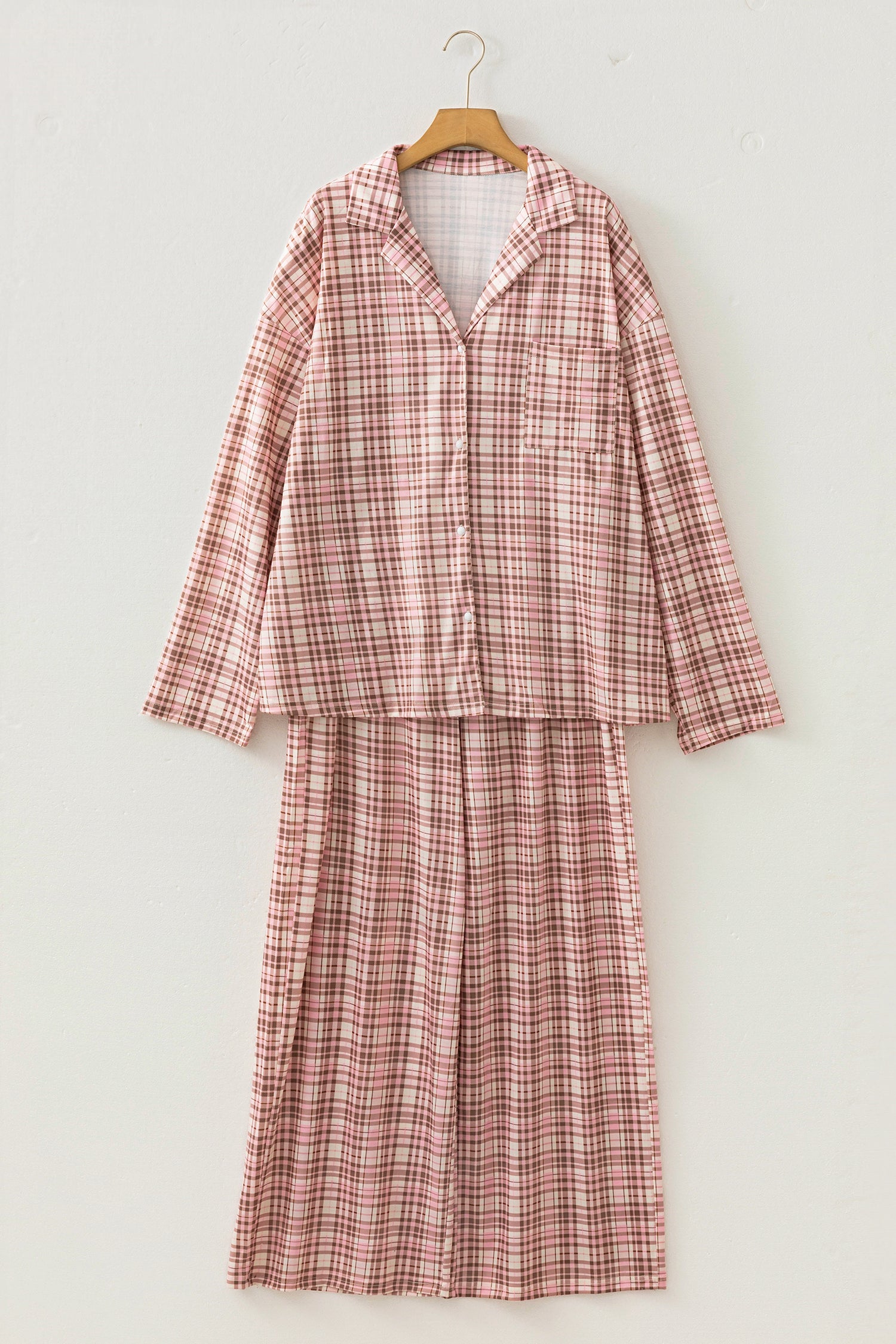 Pink Plaid Patch Pockets Long Sleeve Lounge Set 🇺🇸