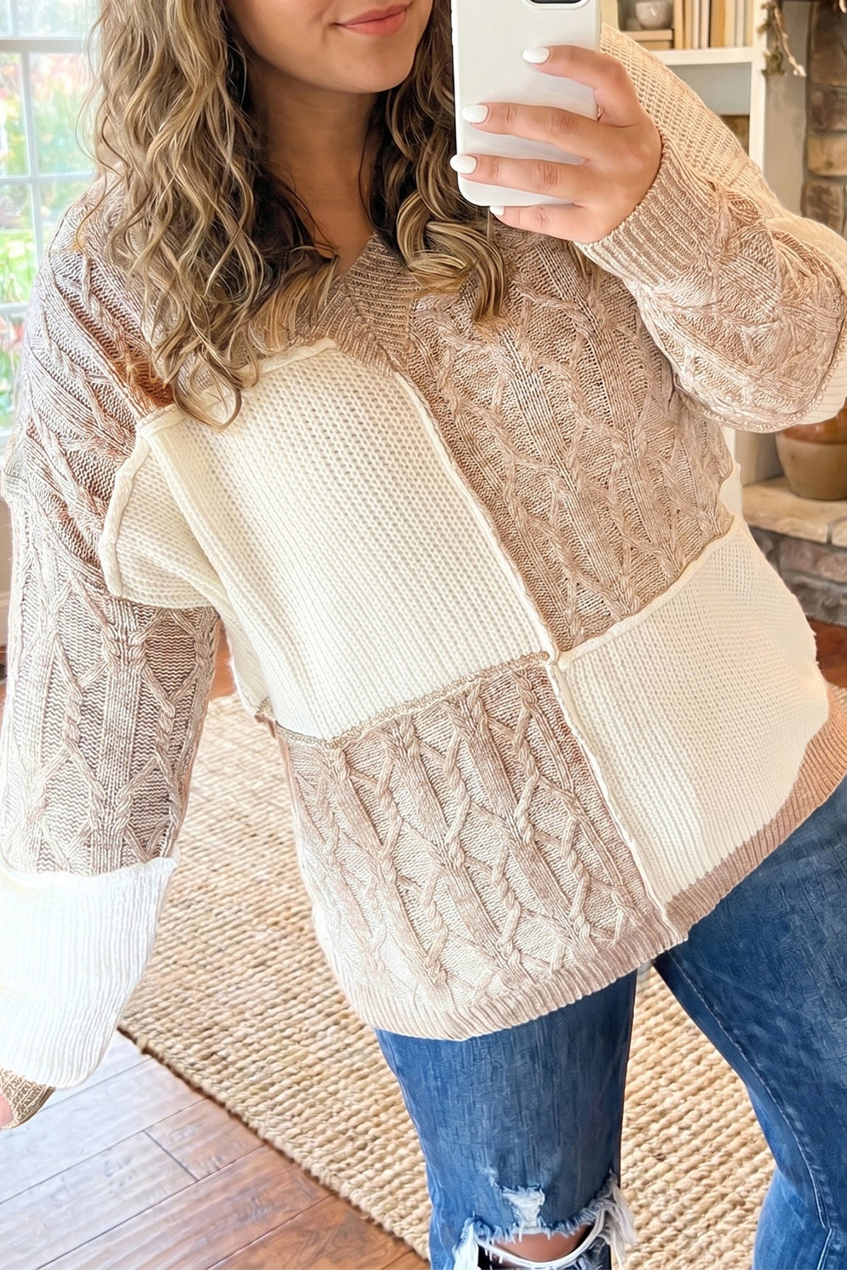 Parchment Colorblock V Neck Long Sleeve Tunic Loose Fit Plus Size Sweater 🇺🇸
