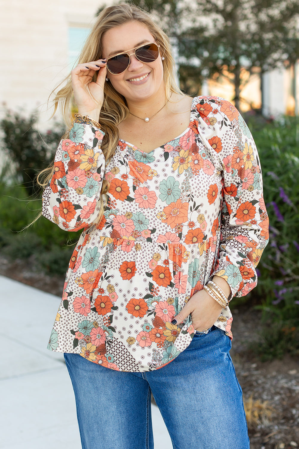 Khaki Plus Size Flower Print Square Neck Peplum Blouse 🇺🇸
