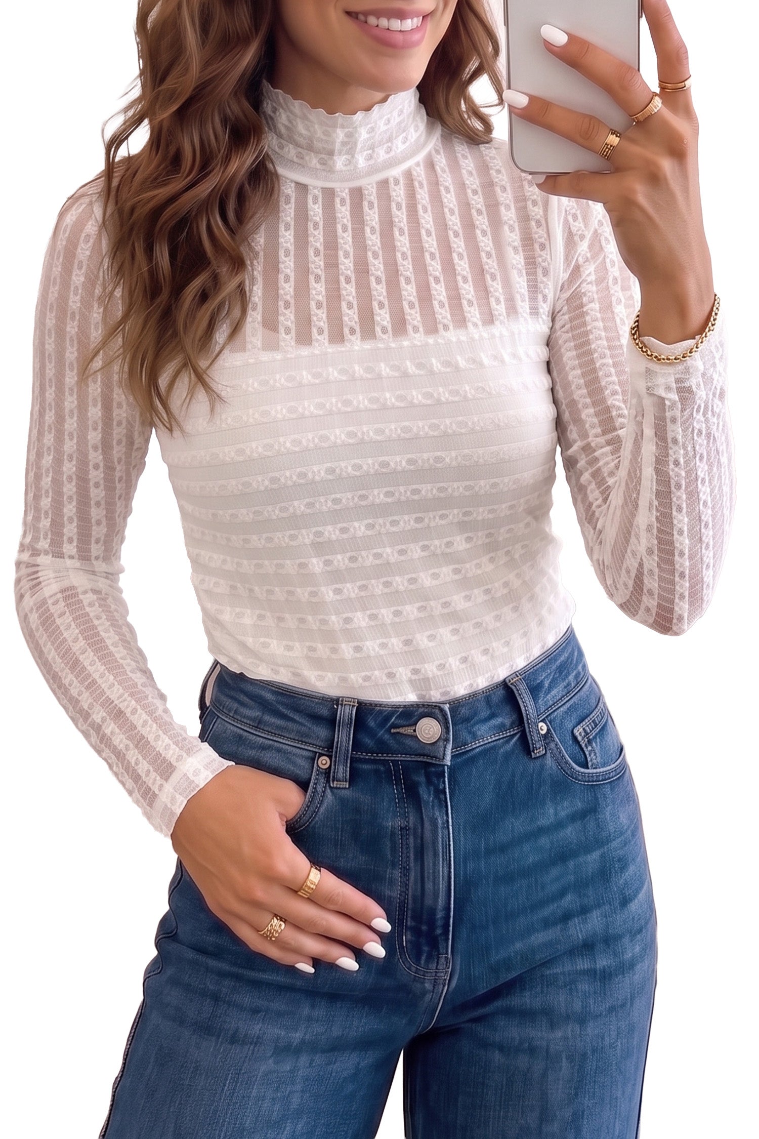 Beige Textured Sheer Lace High Neck Long Sleeve Top 🇺🇸