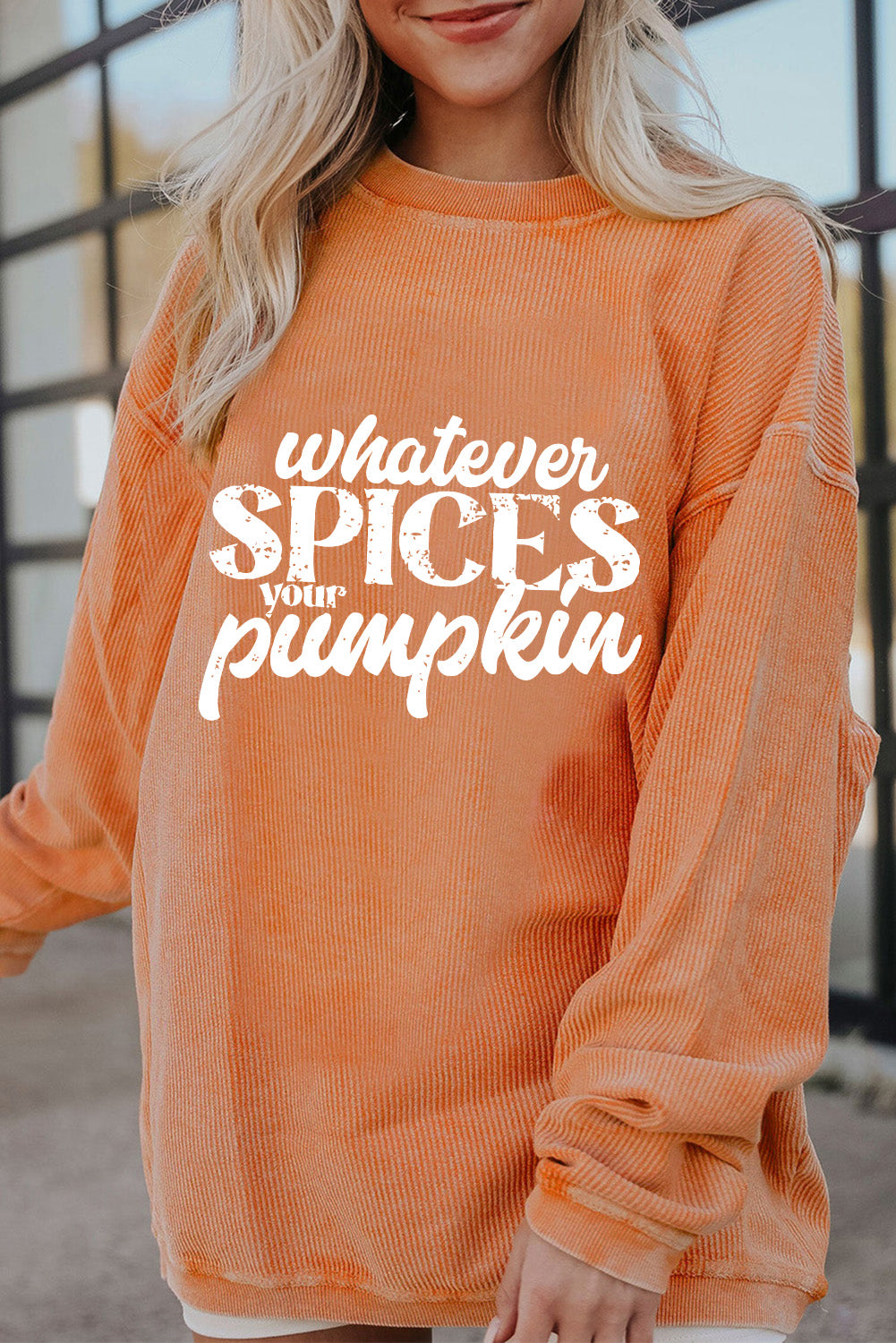 Orange Whatever Spices Your Pumpkin Graphic Corded Pullover Sweatshirt 🇺🇸