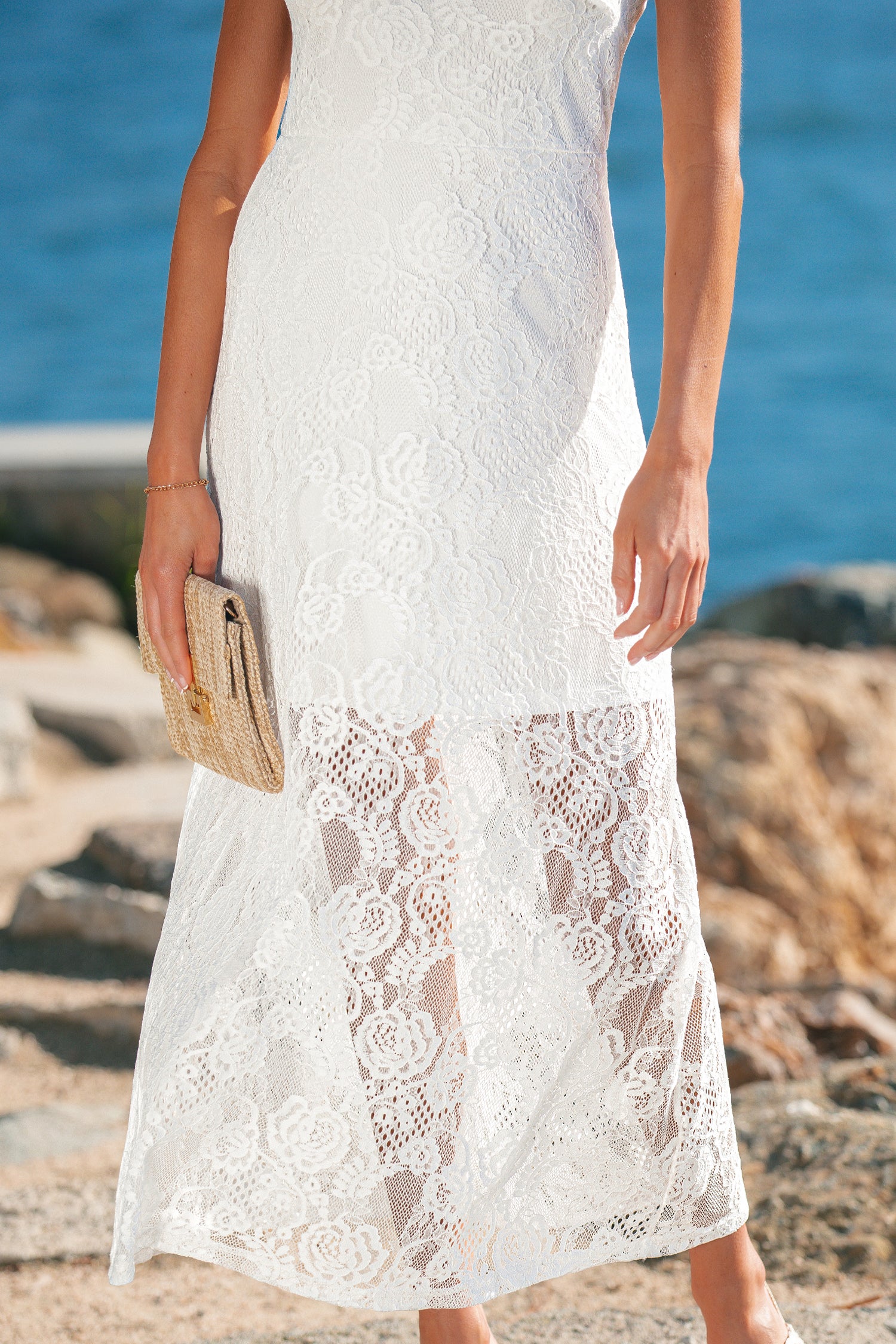 White Tie Spaghetti Straps Floral Lace Overlay Long Dress 🇺🇸