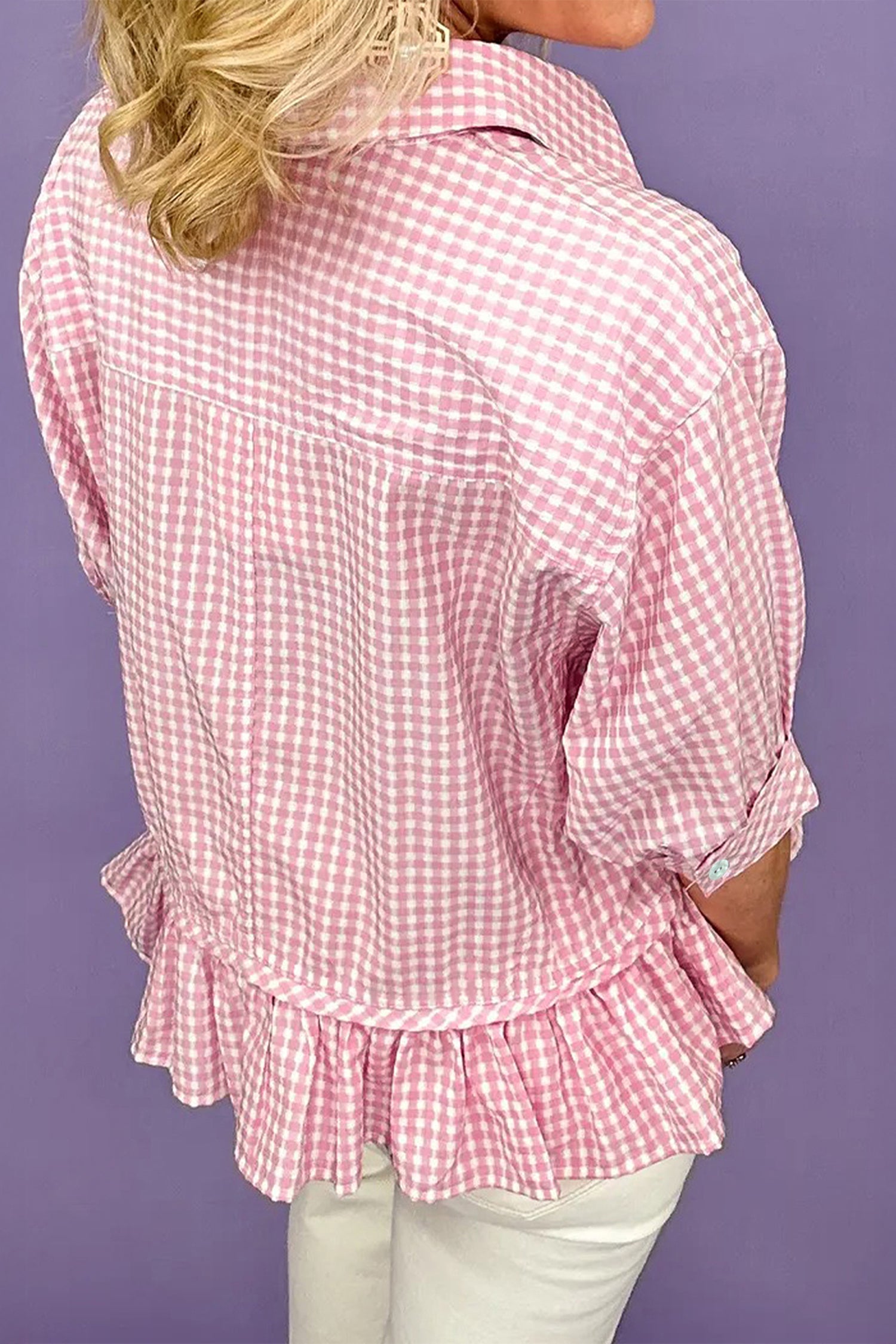 Pink Plaid Half Sleeve Ruffle Hem Button Down Shirt 🇺🇸