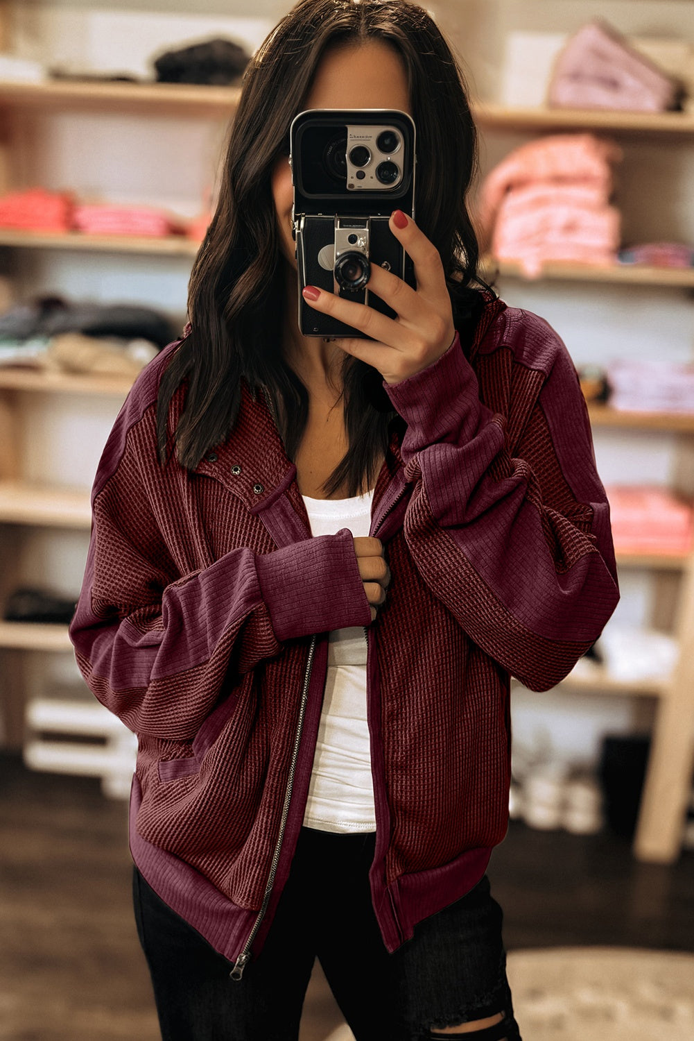 Burgundy Waffle Splicing Zip Up Front Button Hooded Jacket 🇺🇸