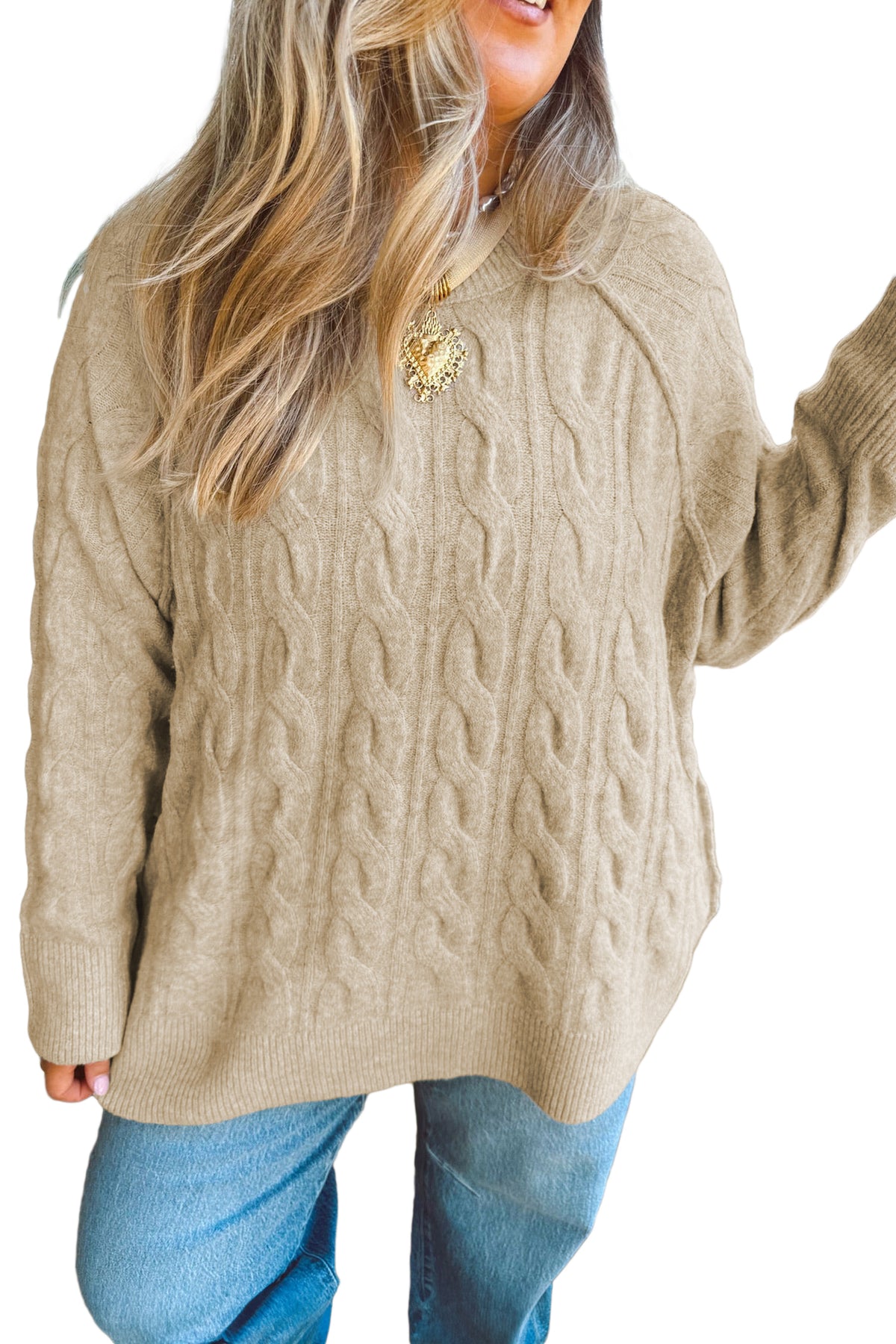 Parchment Oversized Cable Knit Long Sleeve Round Neck Tunic Length Plus Size Sweater 🇺🇸