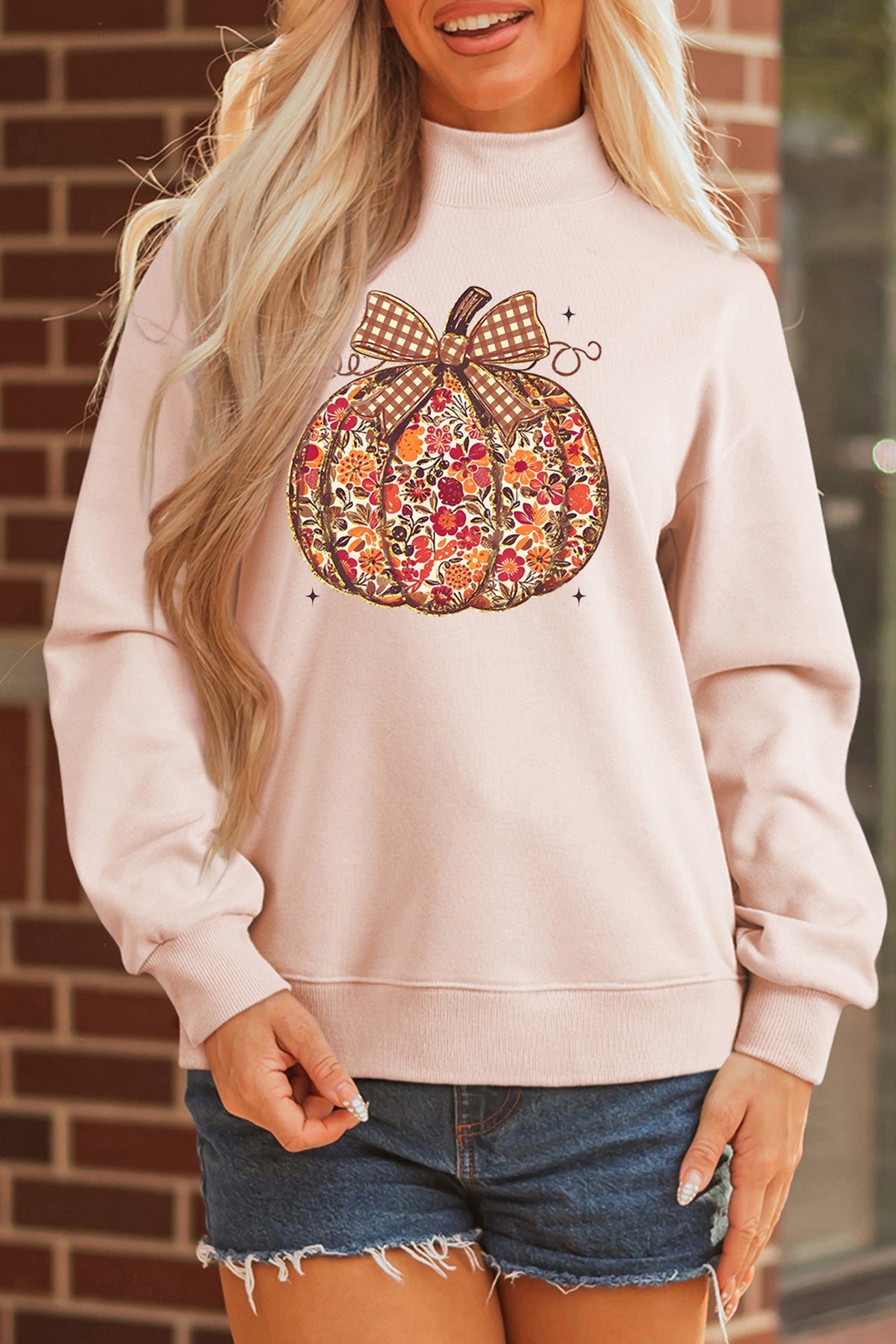 Apricot Pink Floral Pumpkin Graphic Mock Neck Oversized Sweatshirt 🇺🇸