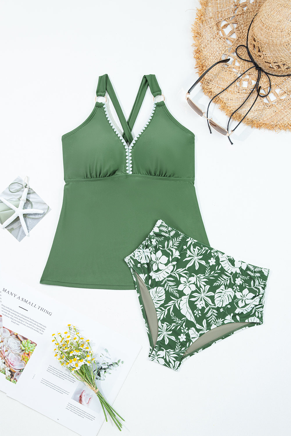 Four Leaf Clover O-ring Knot Back Straps Ricrac Trim V Neck Tankini Contrast Printed Swim Short 2pcs Set 🇺🇸
