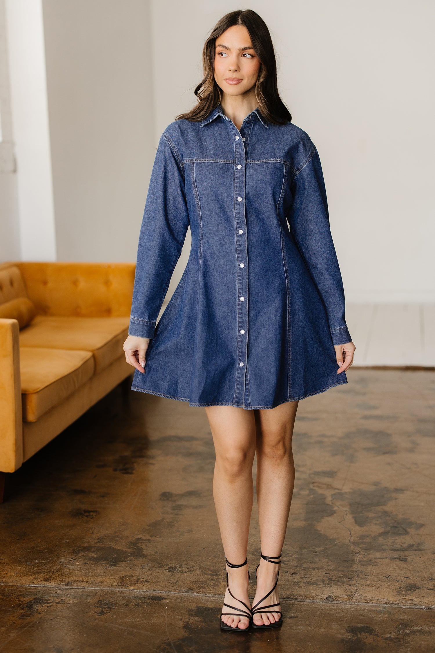 Ashleigh Blue Denim Shirt Collar Long Sleeve Flared Mini Dress 🇺🇸