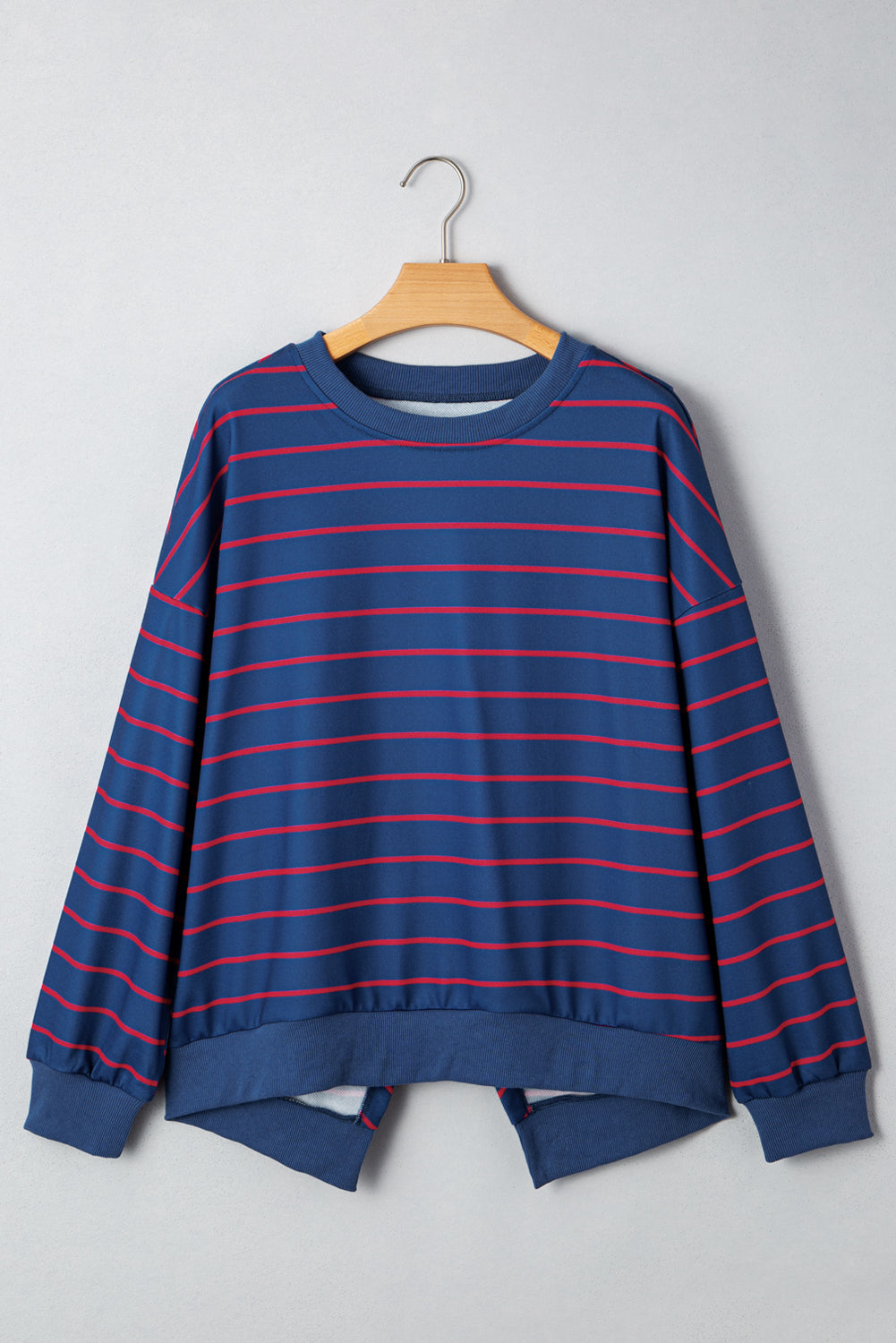 Blue Stripe Stylish Overlap Detail Drop Shoulder Pullover Sweatshirt 🇺🇸