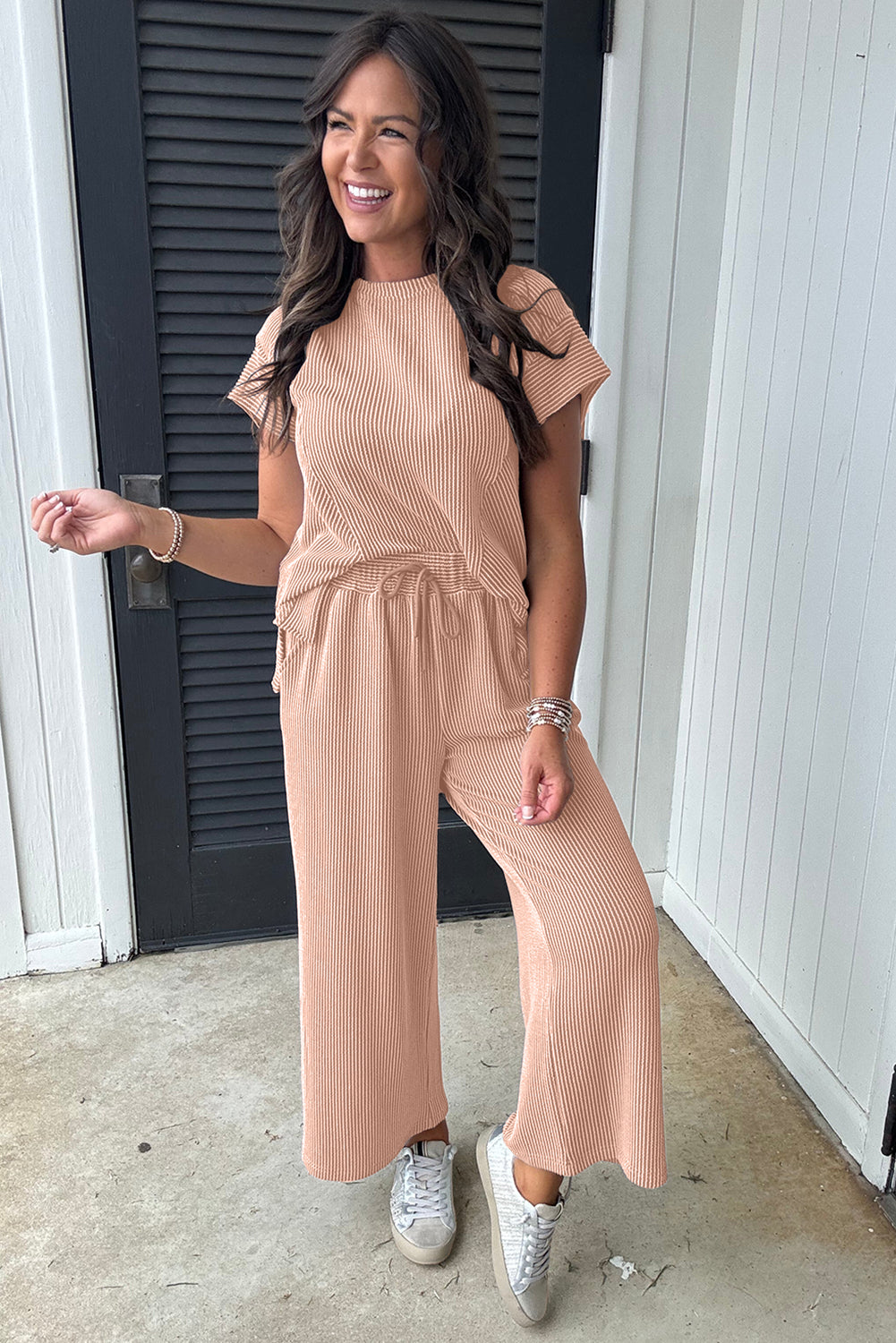 Smoke Gray Solid Corded Knit Short Sleeve T Shirt and Wide Leg Pants Set 🇨🇳