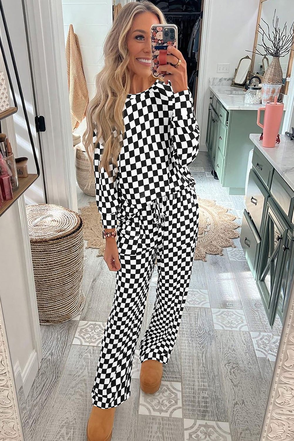 Black Checkered Print Long Sleeve Top and Pants Lounge Set 🇺🇸