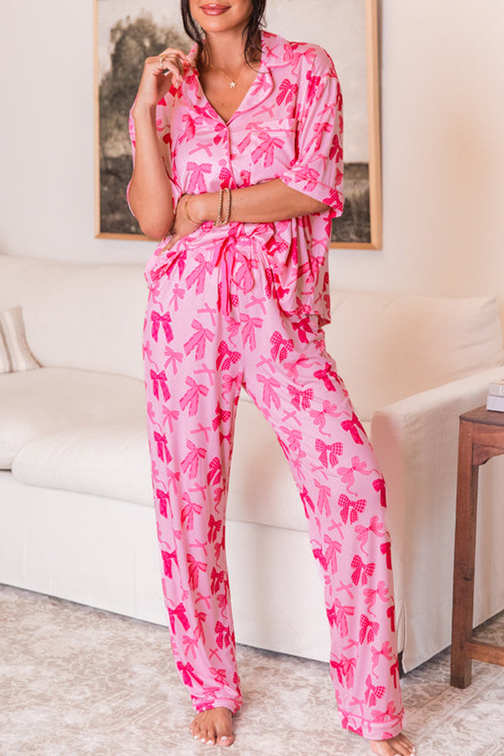 Pink Bow Knot Print Lapel Collar Short Sleeve and Pants Pajamas Set 🇺🇸