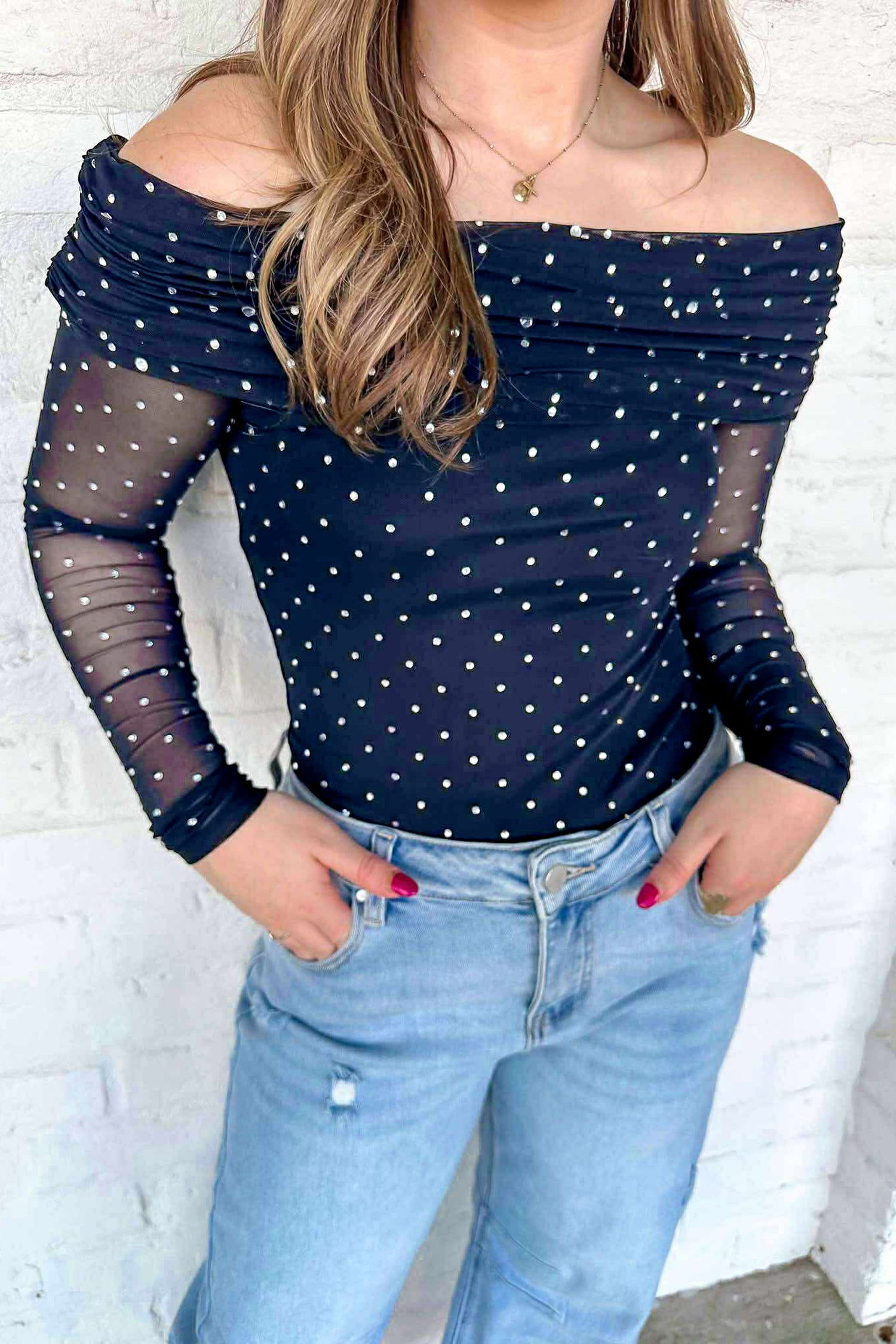 Blue Off Shoulder Polka Dot Mesh Long Sleeve Sheath Top 🇺🇸