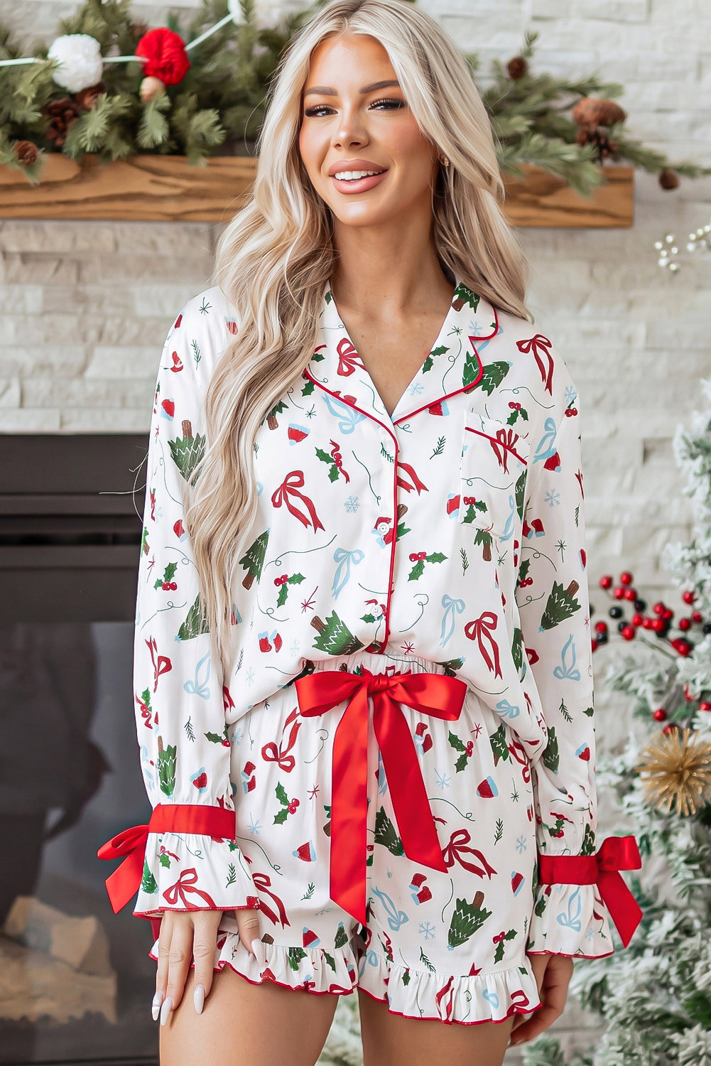 White Christmas Print Ruffle Cuff Long Sleeve Lounge Set 🇺🇸