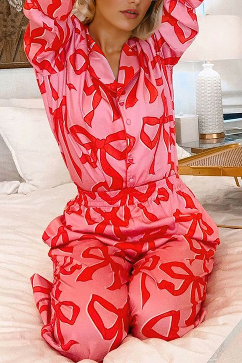 Pink 2pcs Bow Print Shirt Style Long Sleeve Pajama Set 🇺🇸