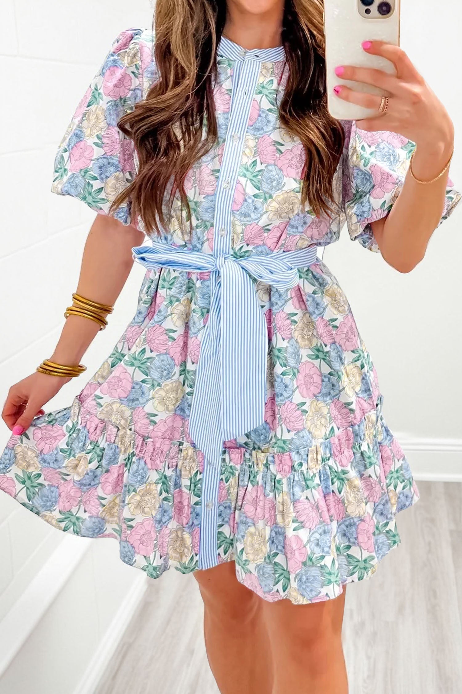 White Floral Print Striped Contrast Trim Belted Short Dress 🇺🇸