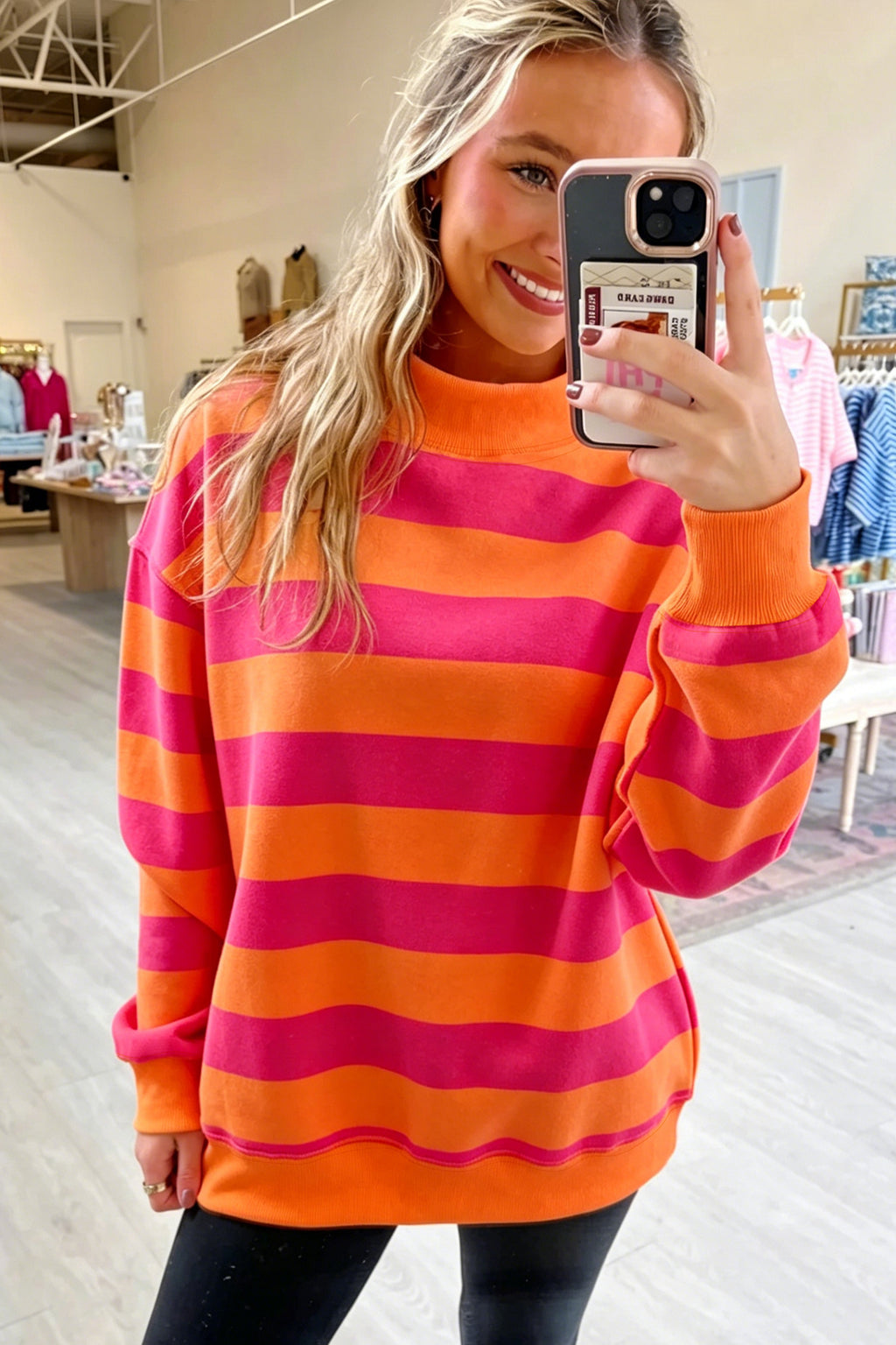 Blue Stripe Colorblock Mock Neck Relaxed Sweatshirt 🇺🇸