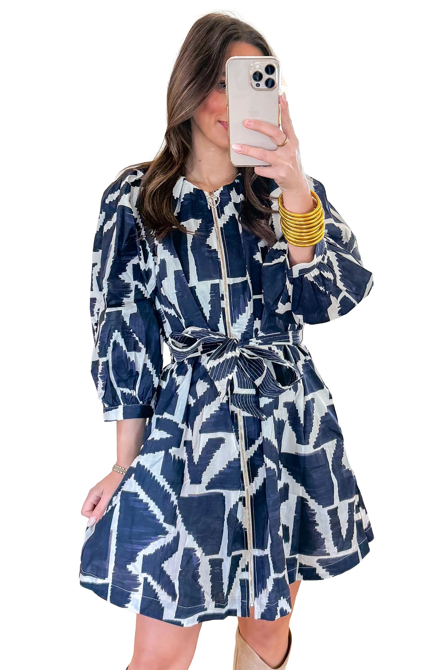 Blue Abstract Geometric Print Zip Front Tie Waist Shift Dress 🇺🇸