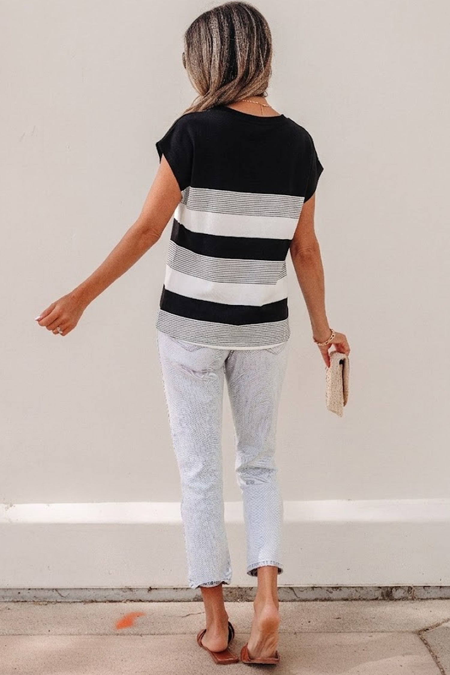 Black Stripe Mixed Print Crew Neck Cap Sleeve T Shirt 🇺🇸