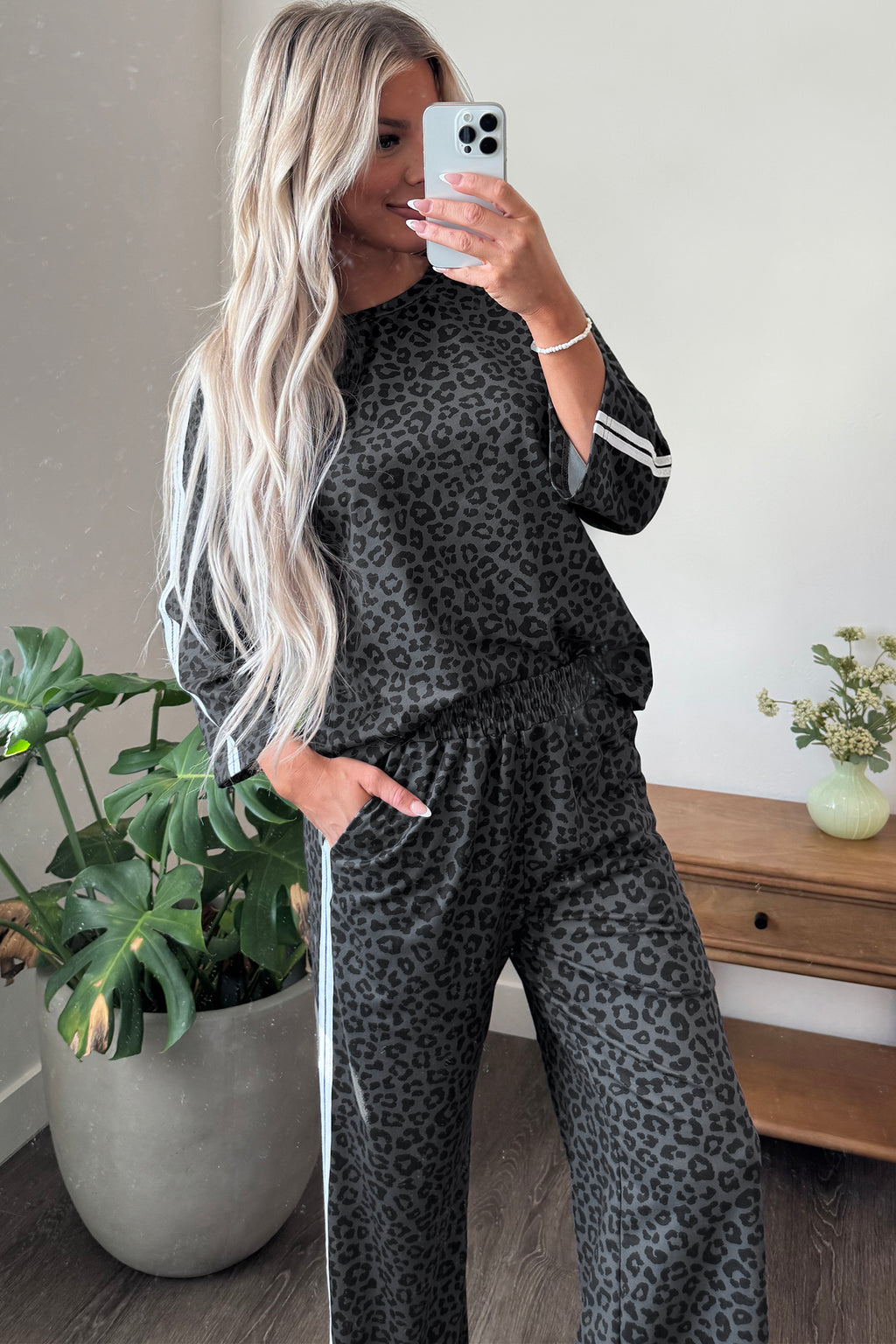 Gray Leopard Print Varsity Striped Detail 3/4 Sleeve Top Shift Pant Set 🇺🇸