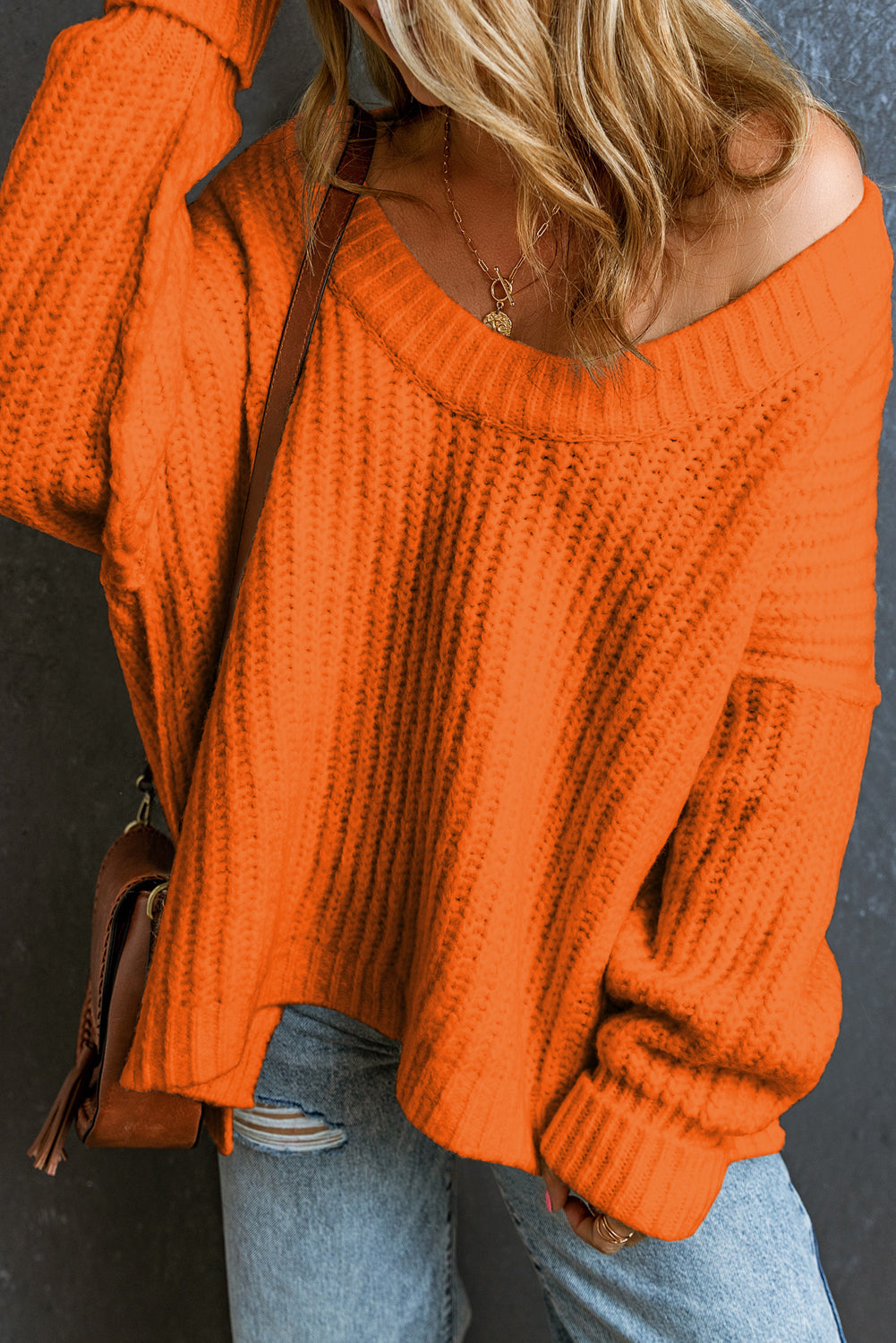 Orange Ribbed Knit Round Neck Slouchy Chunky Sweater 🇺🇸