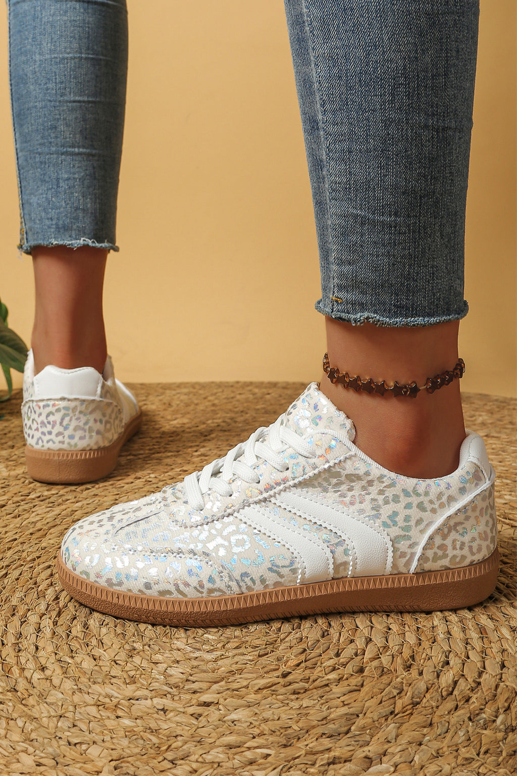 Coffee PU Leather Detail Shimmer Leopard Printed Lace-up Sneakers 🇺🇸