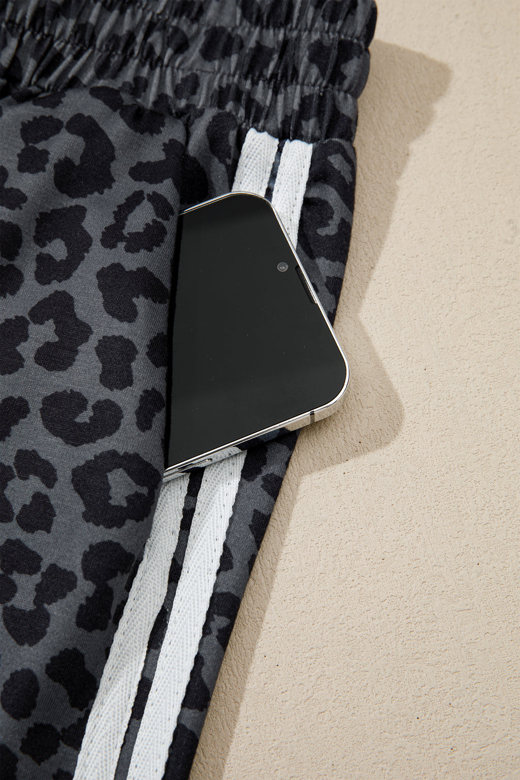 Gray Leopard Print Varsity Striped Detail 3/4 Sleeve Top Shift Pant Set 🇺🇸