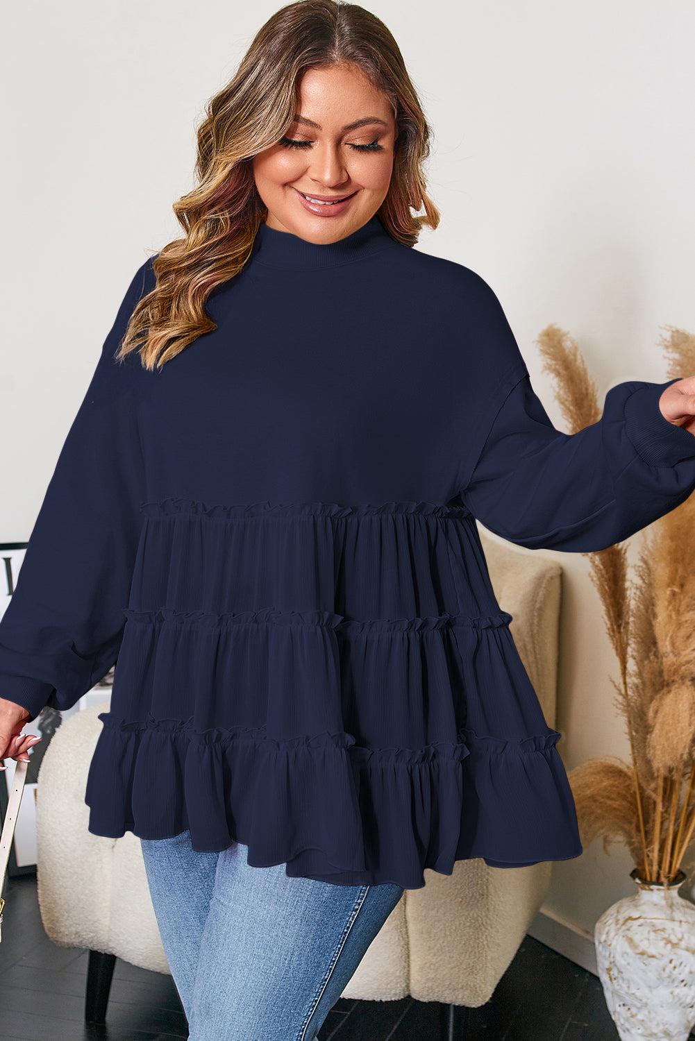 Navy Blue Tiered Ruffle Ribbed Crew Neck Pullover Plus Size Top 🇺🇸