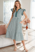 Green Stripe Double Ruffled Short Sleeve Contrast Trim V Neck Midi Dress 🇺🇸