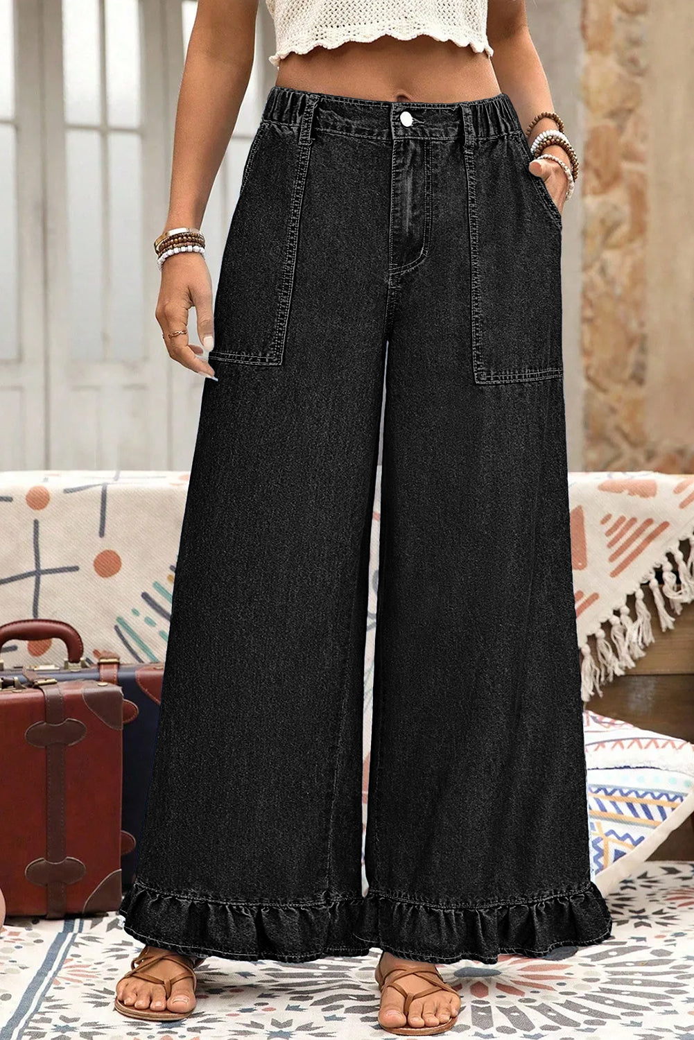 Black Plus Size Elastic Waist Ruffled Wide Leg Denim Pants 🇺🇸