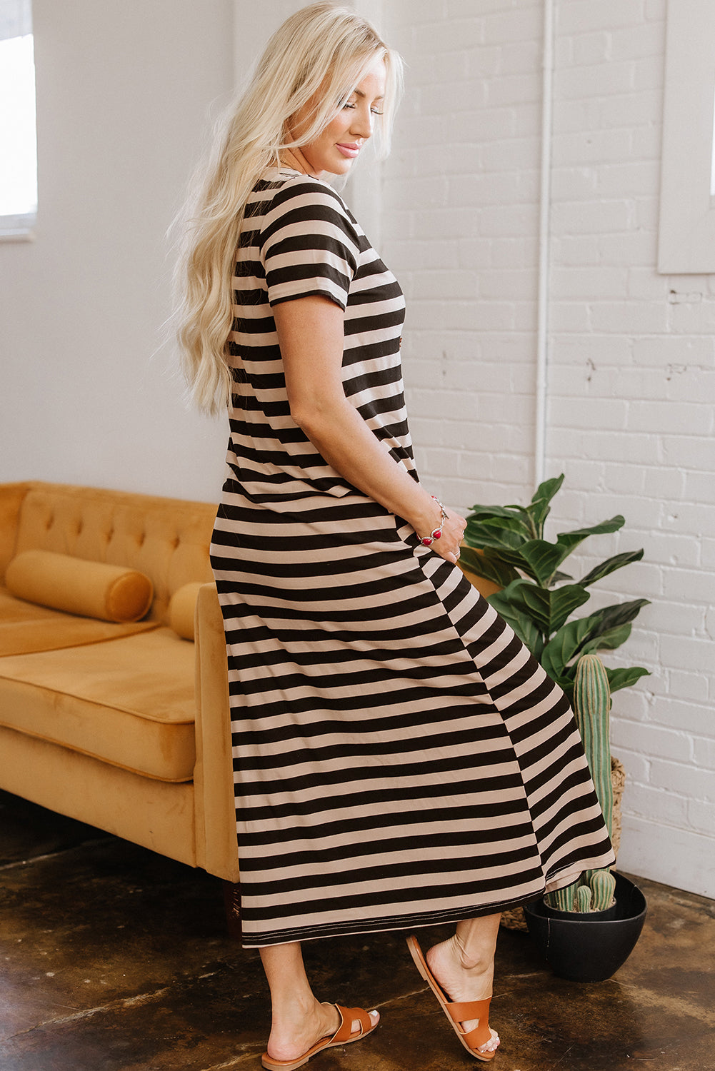 Black Stripe Casual Round Neck T-shirt Maxi Dress with Pockets 🇺🇸