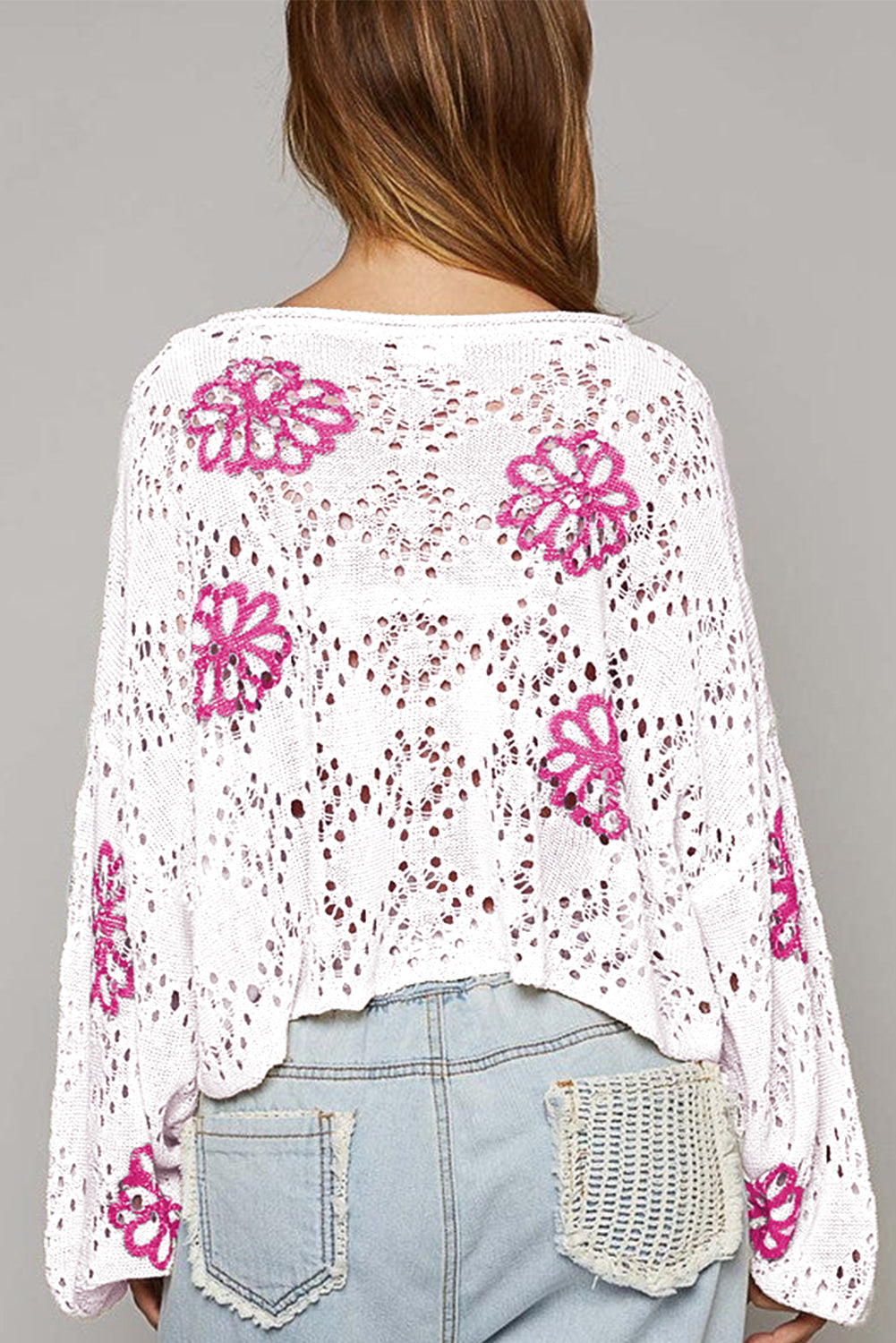 White Contrast Flower Print Eyelet Drop Shoulder Sweater 🇨🇳