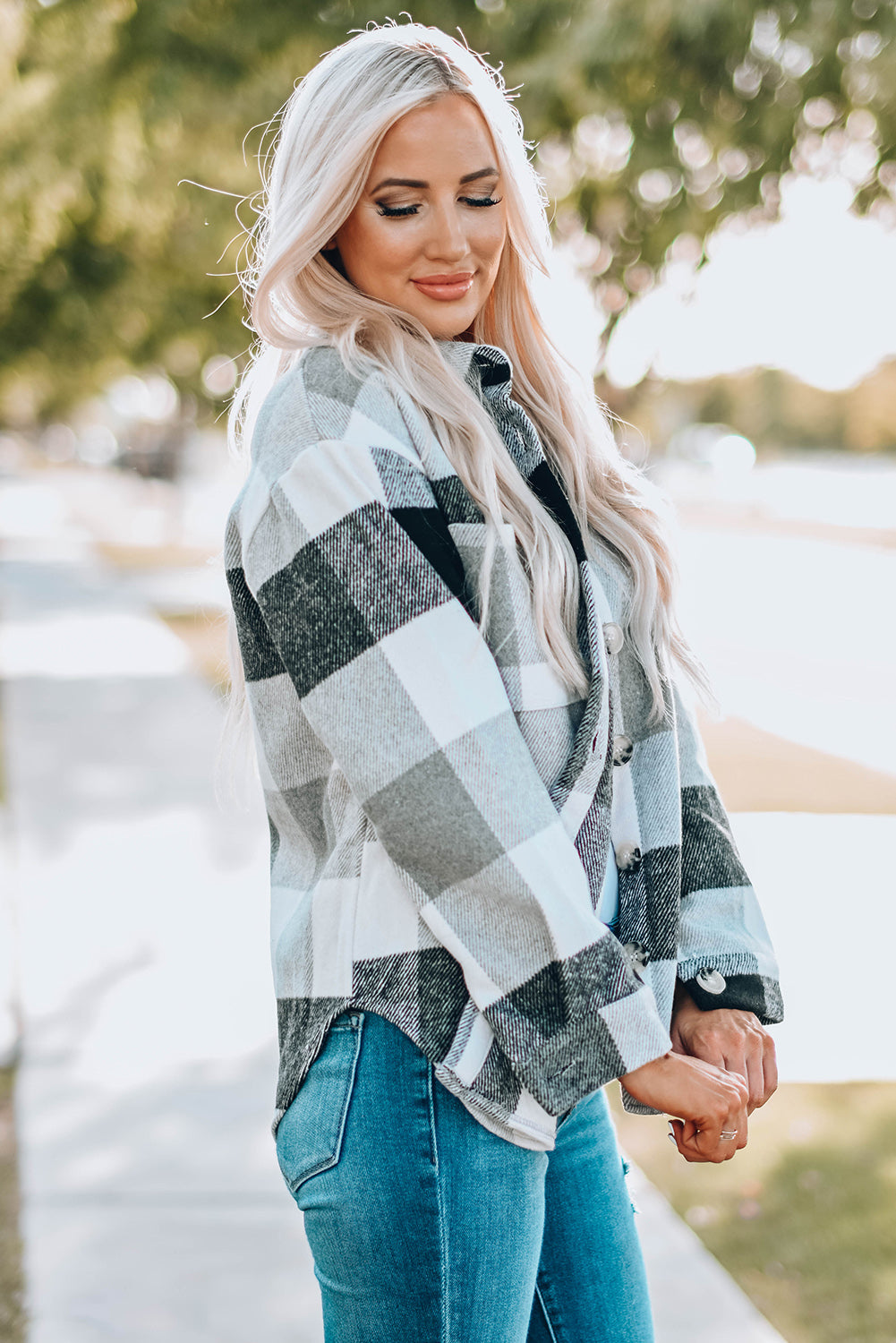 Gray Plaid Color Block Buttoned Long Sleeve Jacket with Pocket 🇺🇸