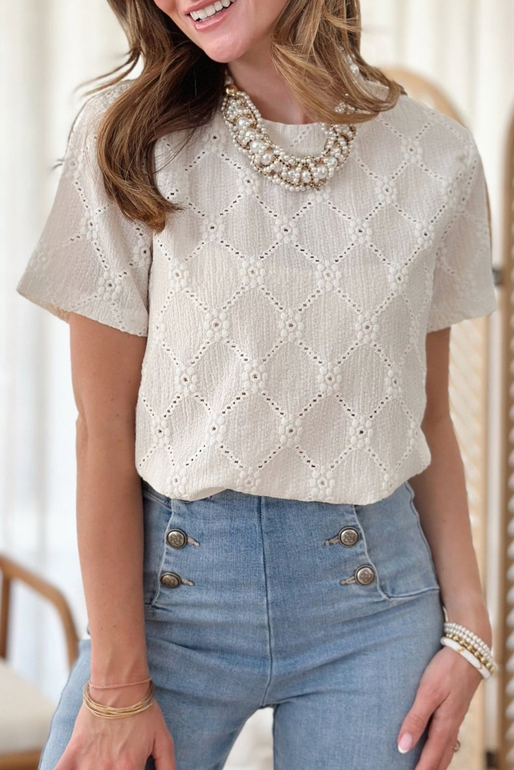 White Geometric Embroidered Slim Fit O Neck T Shirt 🇺🇲