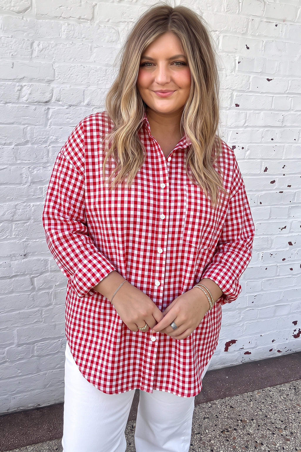 Red Plaid V Neck Long Sleeve Tunic Loose Fit Plus Size Shirt 🇺🇸