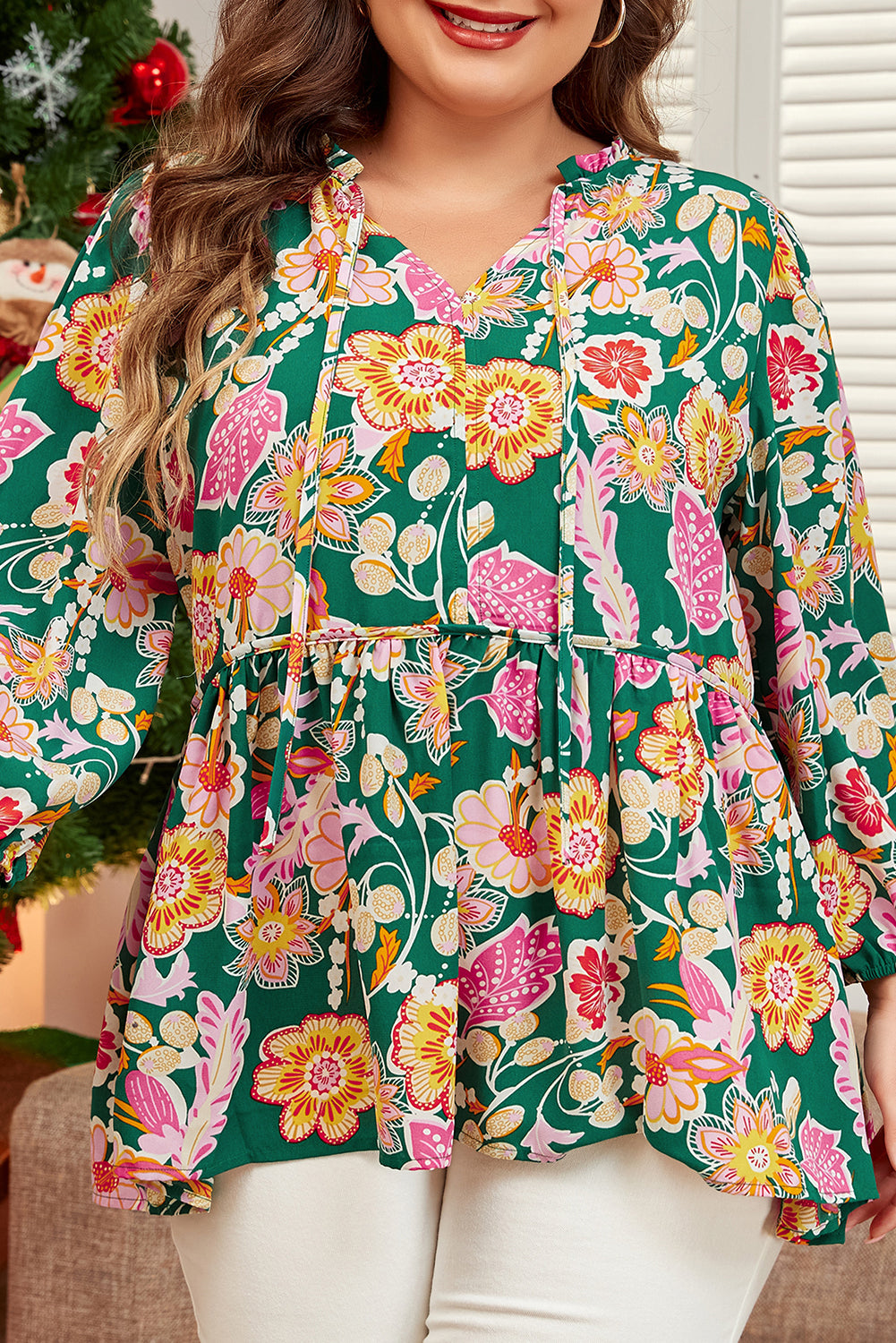 Green Floral Tied V Neck Long Sleeve Plus Size Babydoll Top 🇺🇸