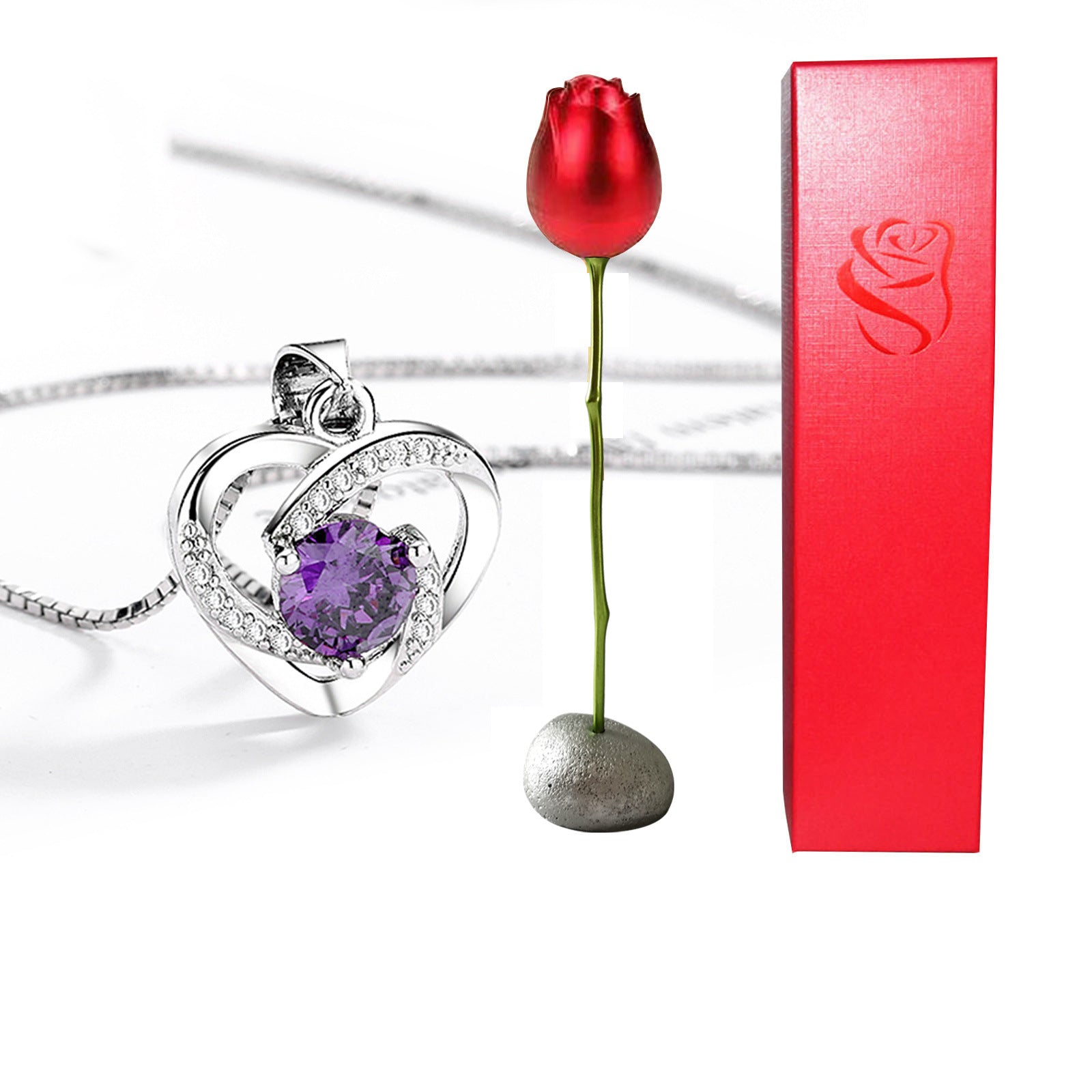 Heart Shaped Blue Purple Crystal Diamond Pendant Rose Head Necklace 🇨🇳