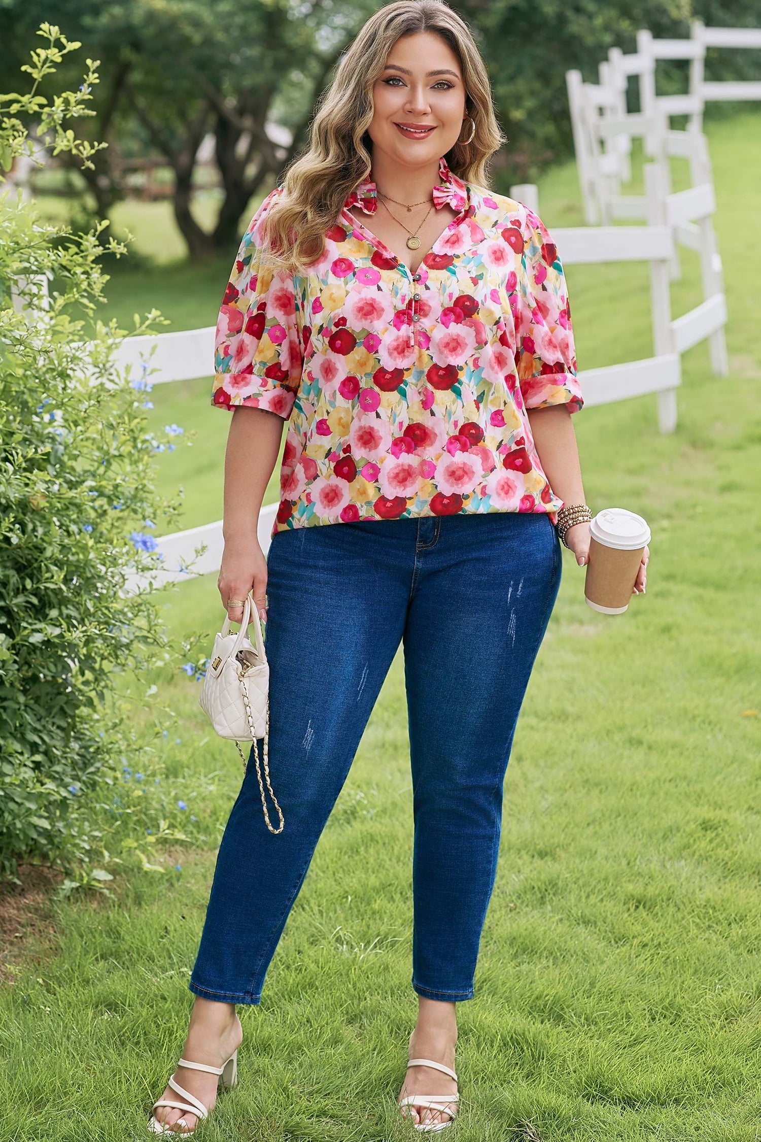 Pink Plus Size Flower Print Split V Neck Puff Short Sleeve Top 🇺🇸