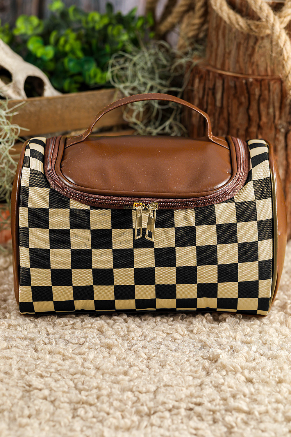 Black Checkered PU Leather Zipper Makeup Bag 🇨🇳