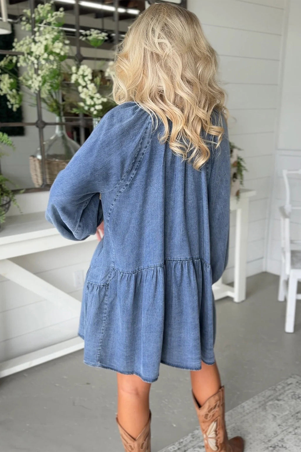 Myosotis Puff Sleeve V Neck Ruffled Loose Denim Mini Dress 🇺🇸