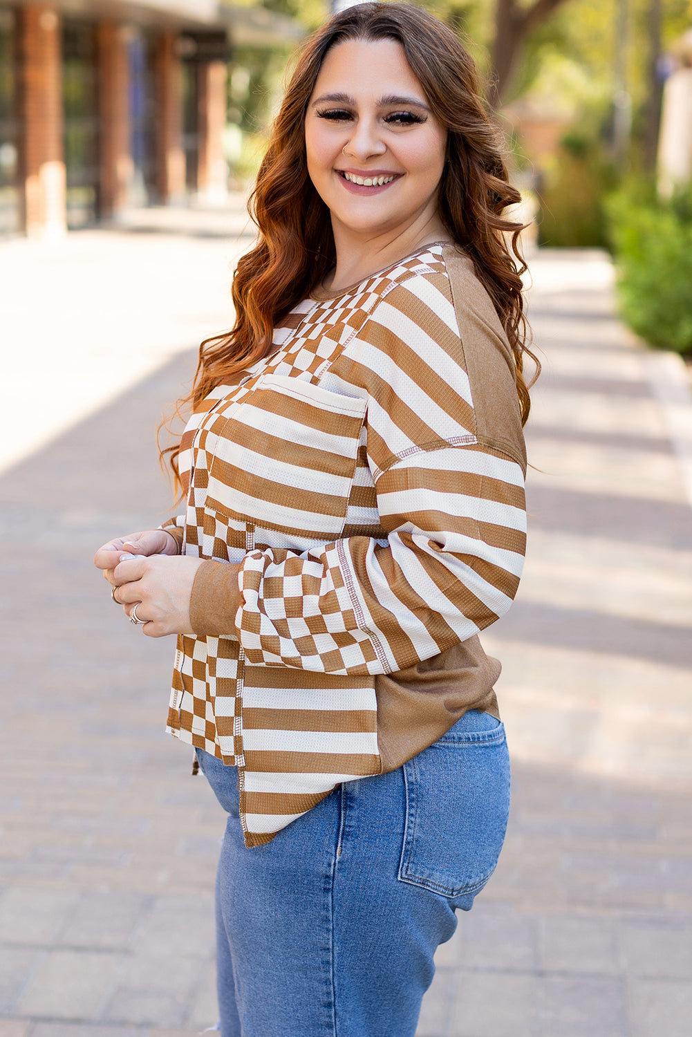 Khaki Striped Checkered Mixed Print Chest Pocket Casual Plus Size Top 🇺🇸
