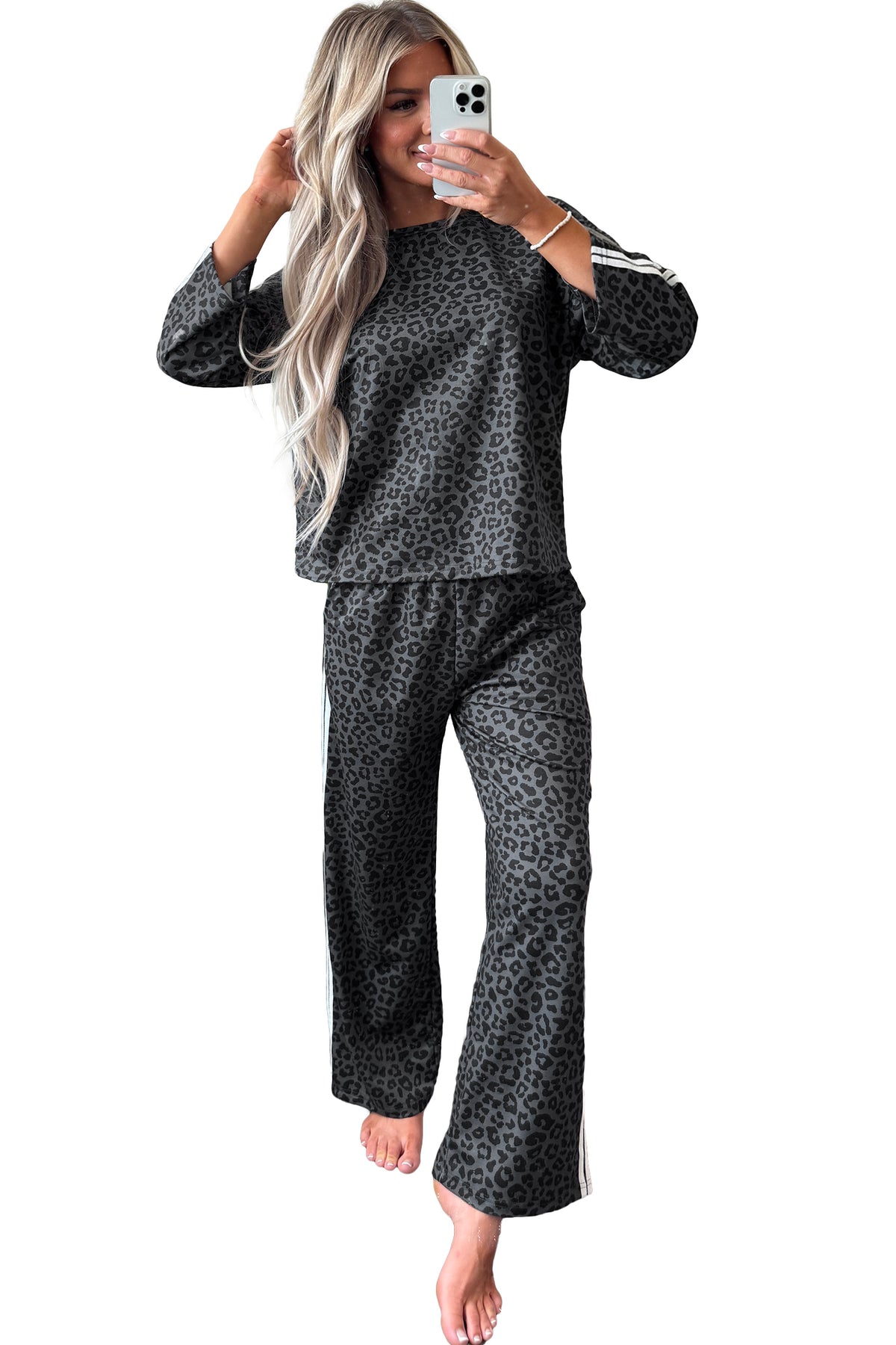 Gray Leopard Print Varsity Striped Detail 3/4 Sleeve Top Shift Pant Set 🇺🇸