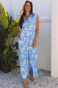 Myosotis Floral Print Half Button Wide Leg Relaxed Sleeveless Jumpsuit 🇺🇸