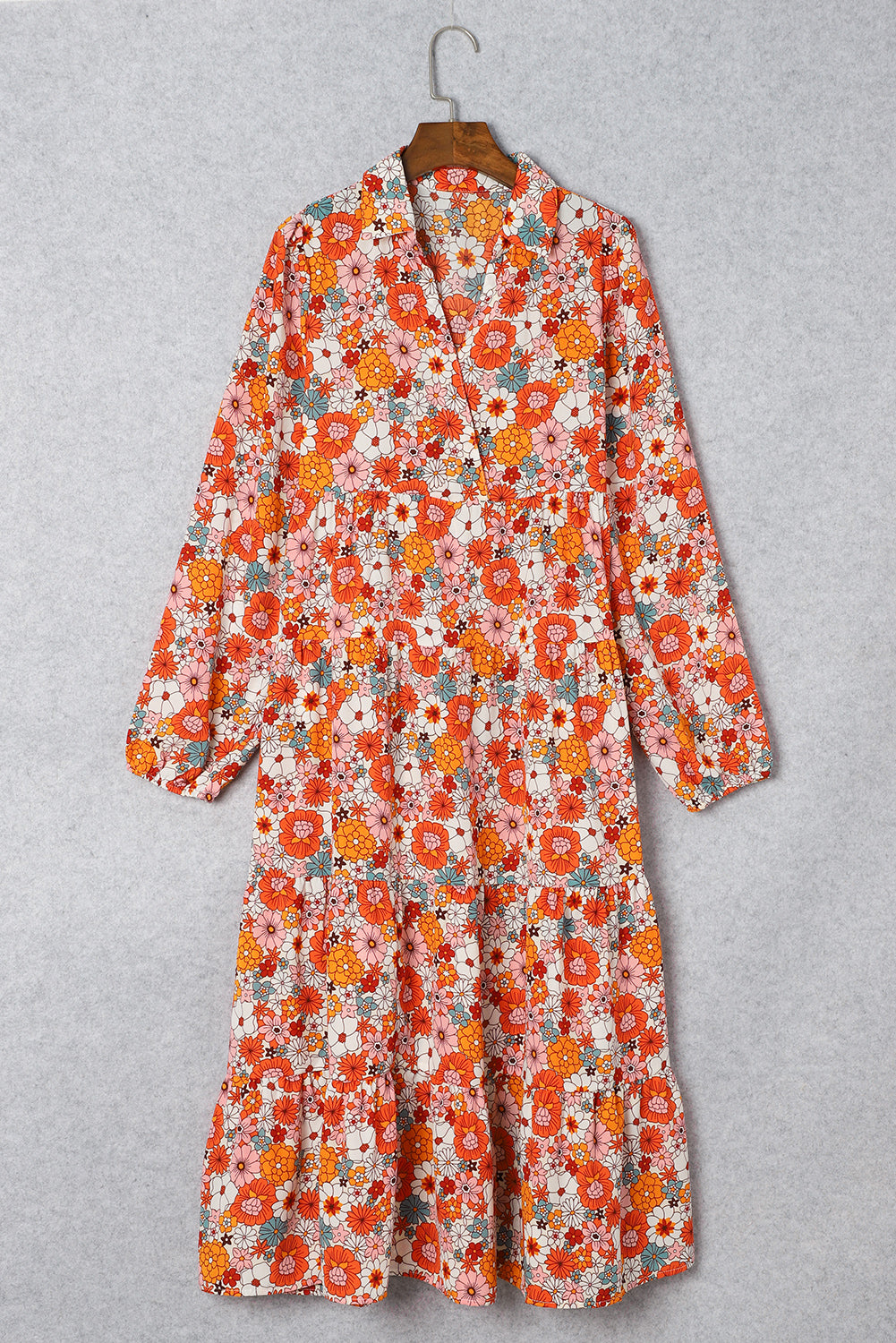 Multicolor Boho Floral Collared Long Sleeve Ruffled Dress 🇺🇸